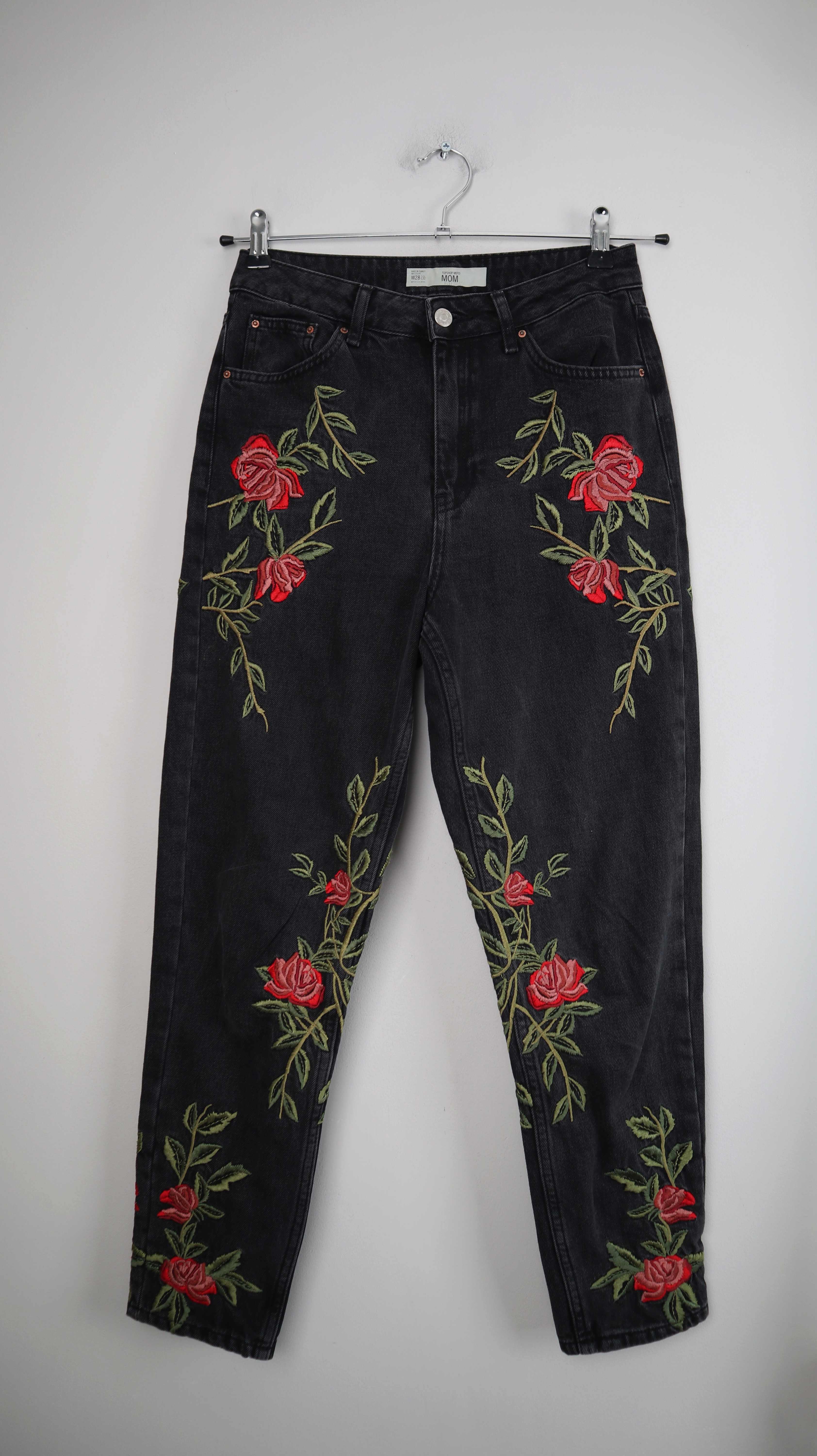 Topshop Mom Jeans Rosen bestickt W28 L32 rot grün high waist