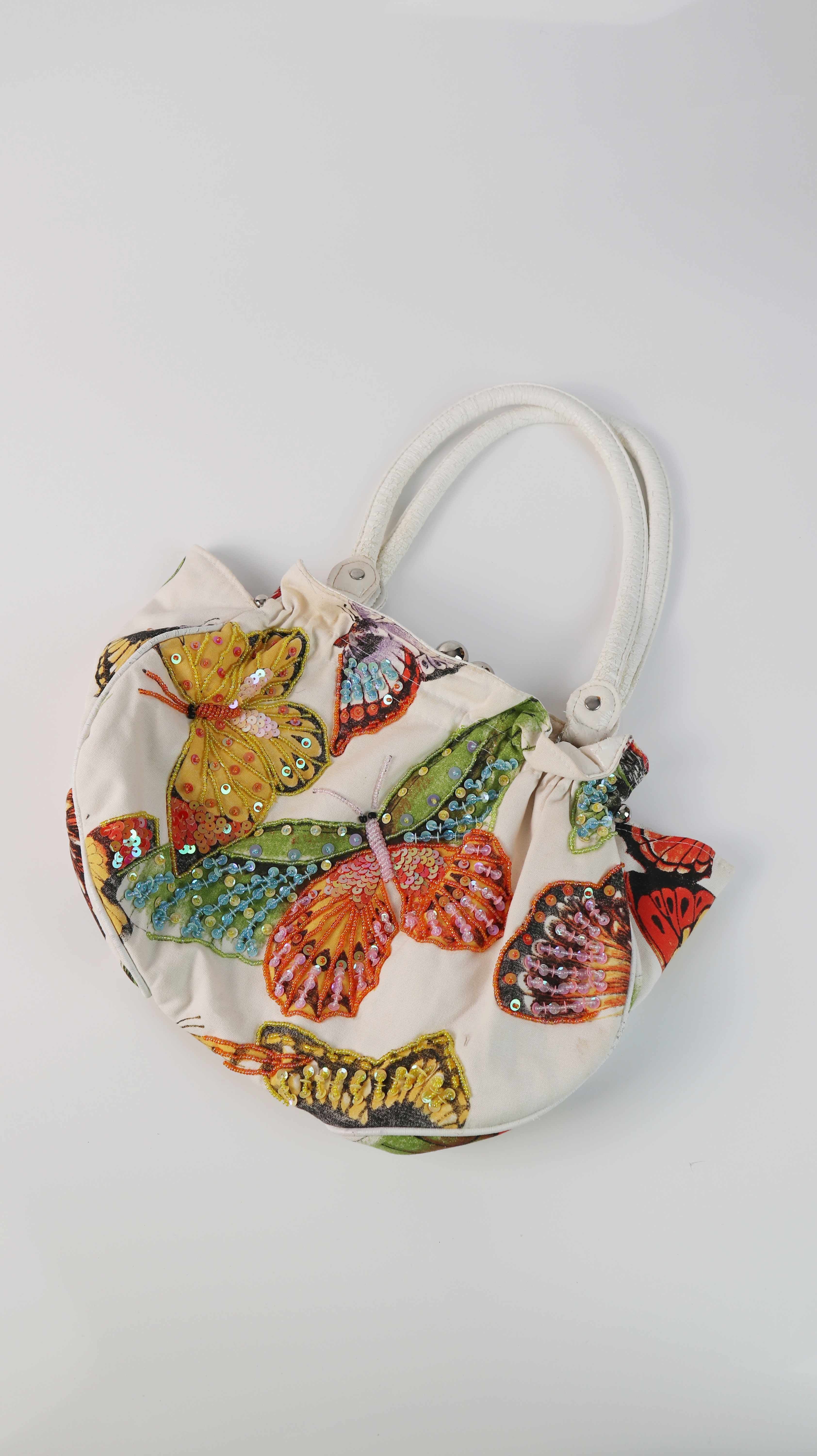 Tasche True Vintage Y2K weiß Handtasche Schultertasche Pailetten bunt Schmetterlinge