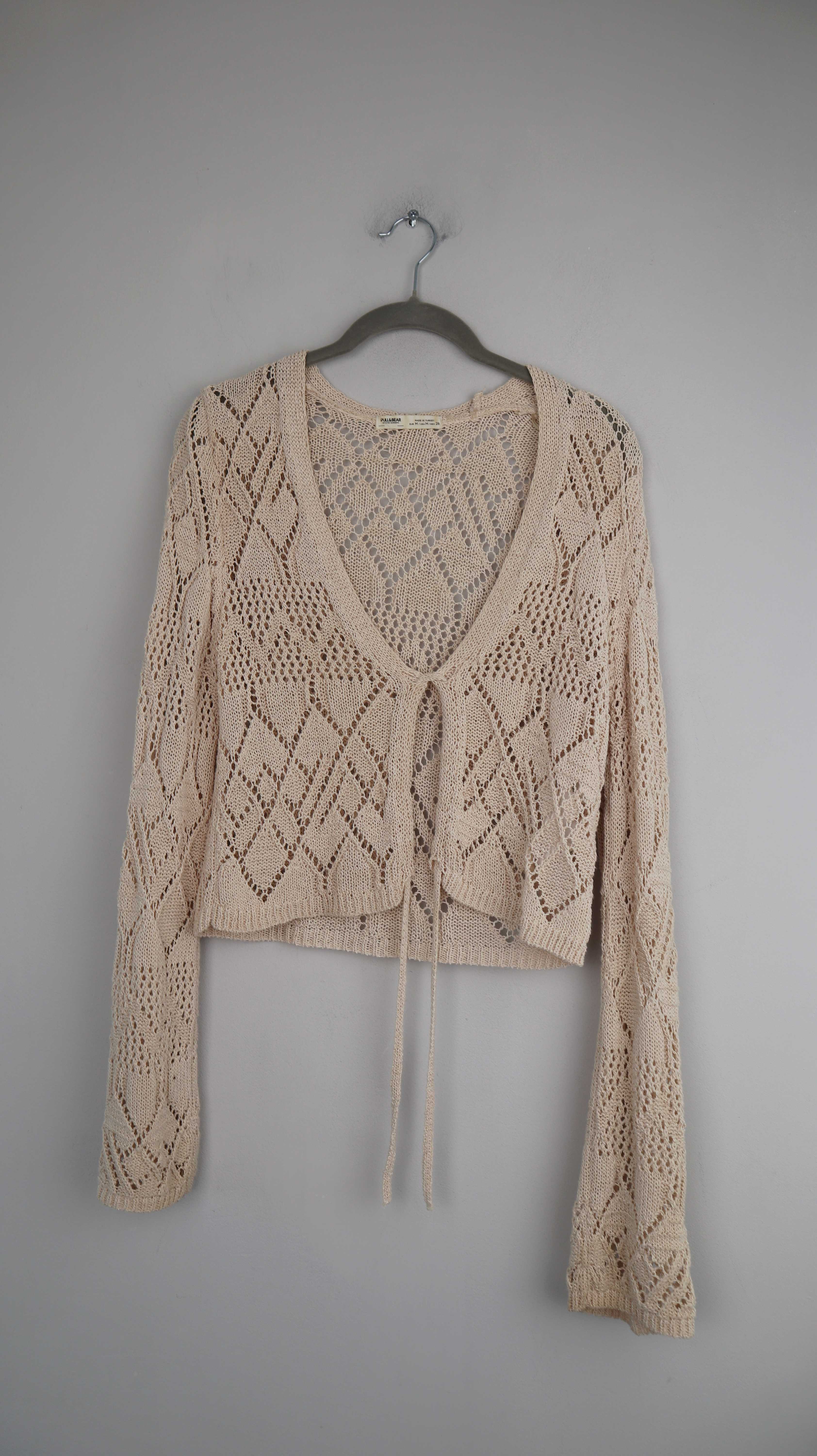 Pull & Bear Strickjacke Creme Beige Cardigan 38 M gehäkelt Hippie