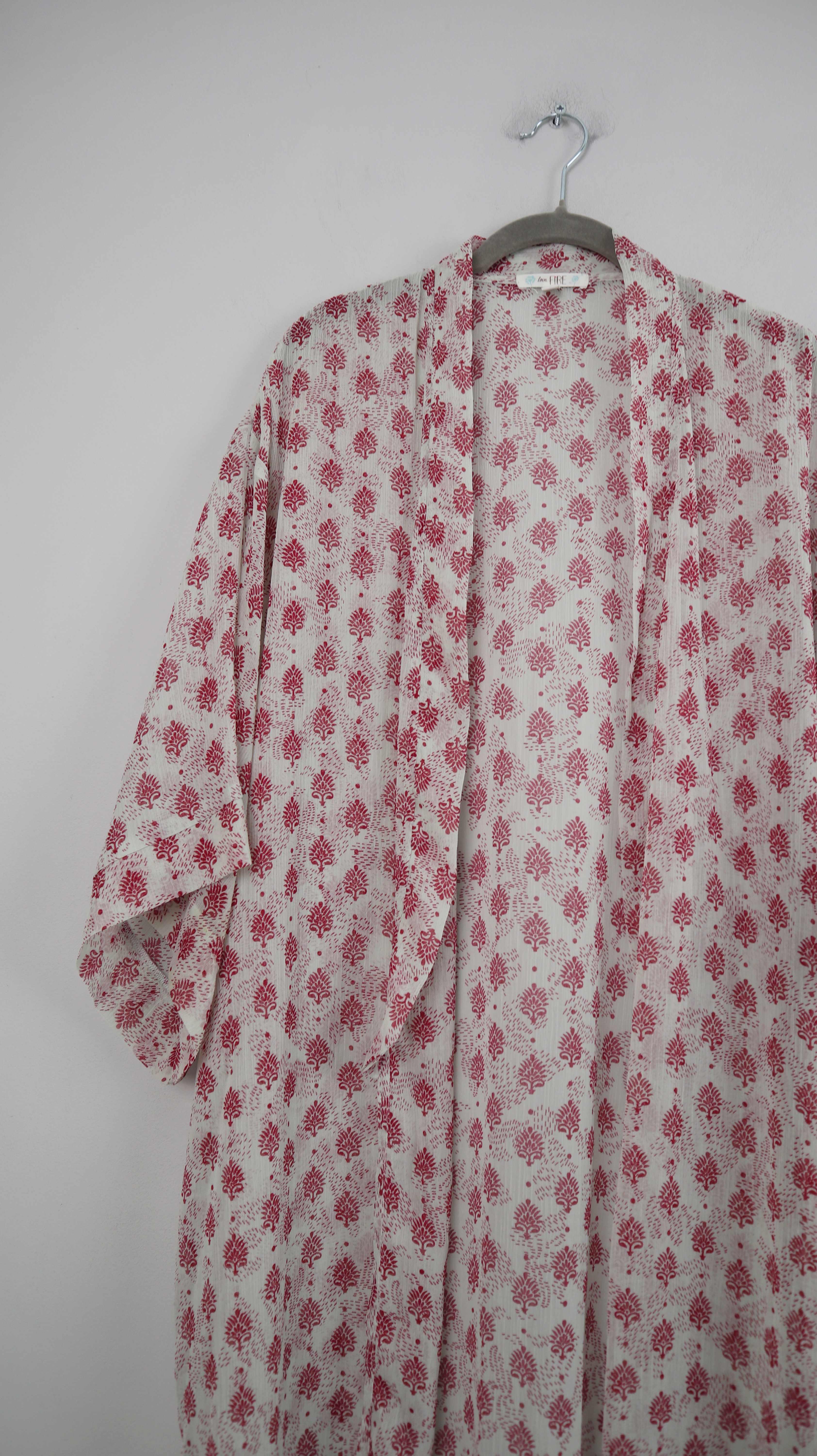 love Fire Kimono rot weiß Hippie Bohemian 38 M Jacke gemustert