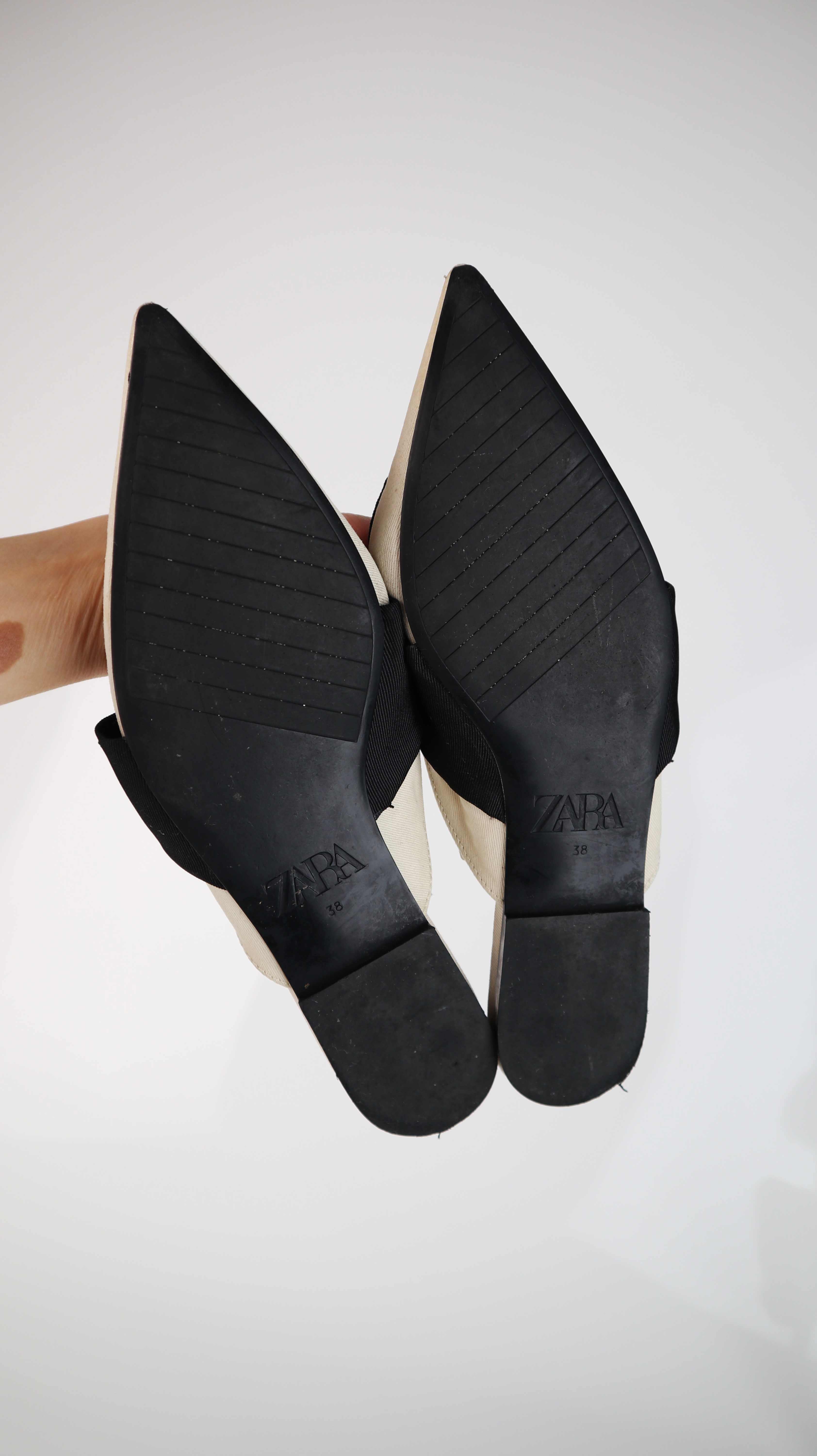 Zara Ballerinas Spitz Creme 38 schwarz Schleife Beige Slipper Loafer