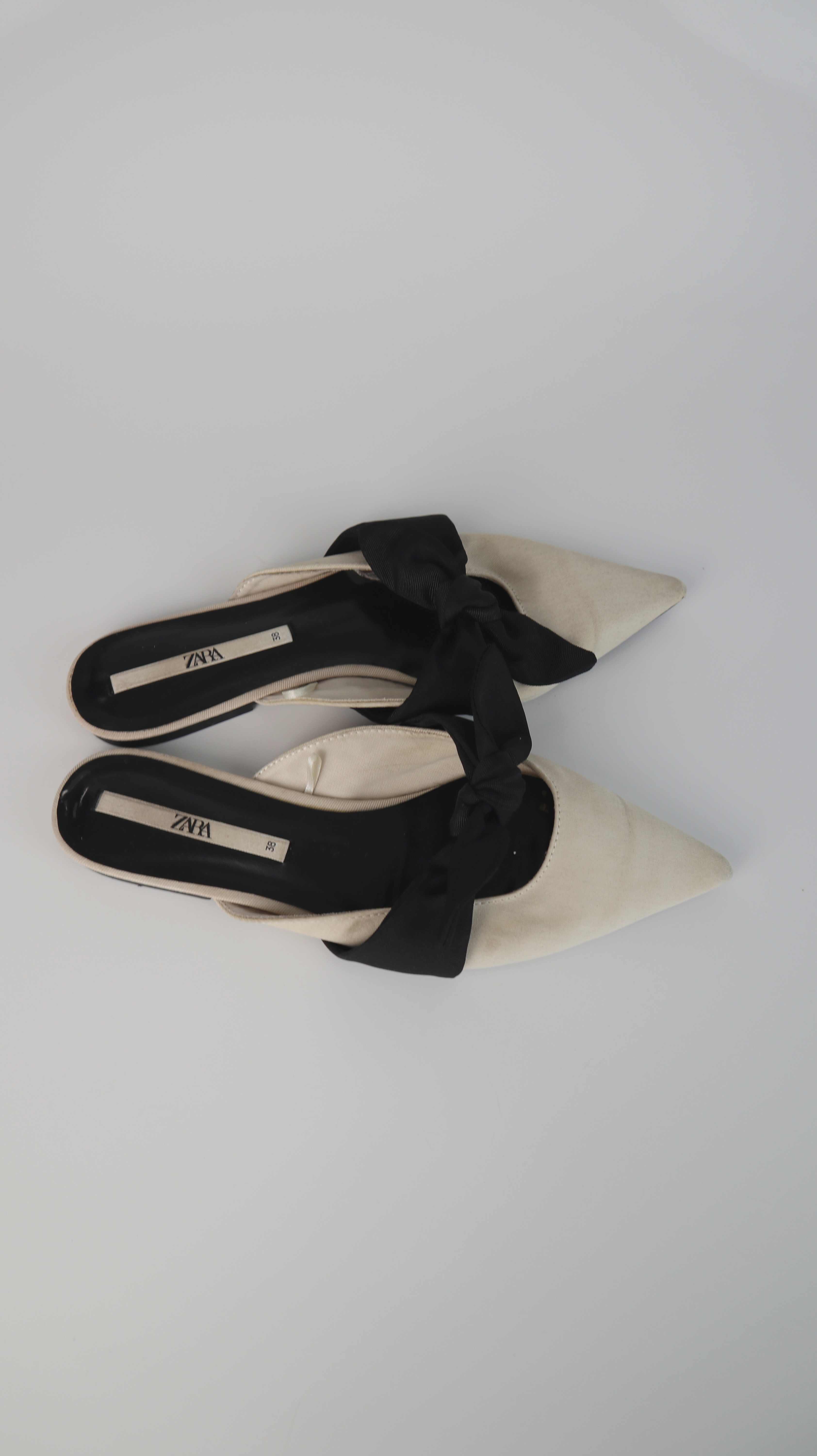 Zara Ballerinas Spitz Creme 38 schwarz Schleife Beige Slipper Loafer
