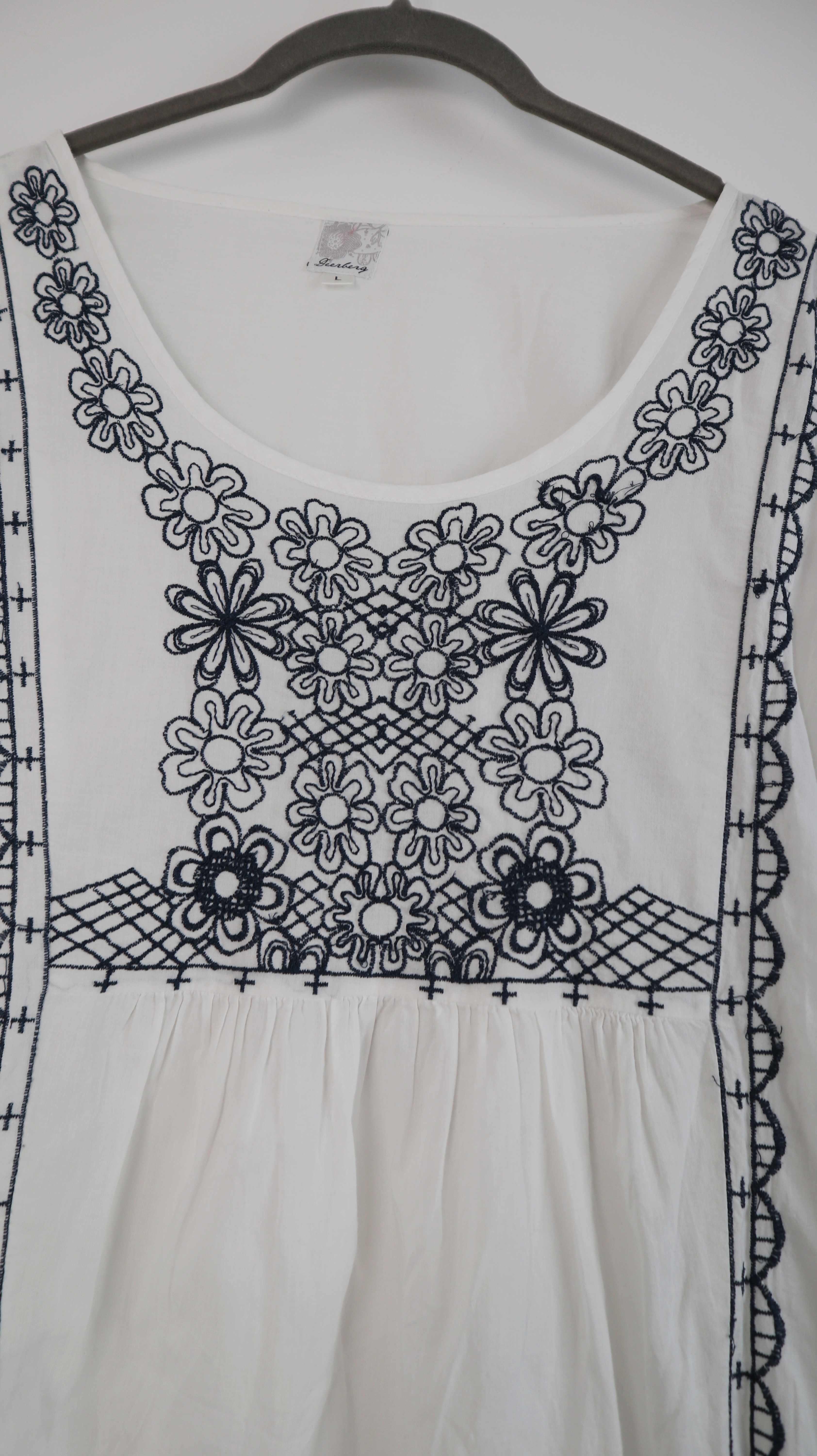 Deerberg Bluse weiß 40 L bestickt blau Folklore Hippie Hemd Shirt