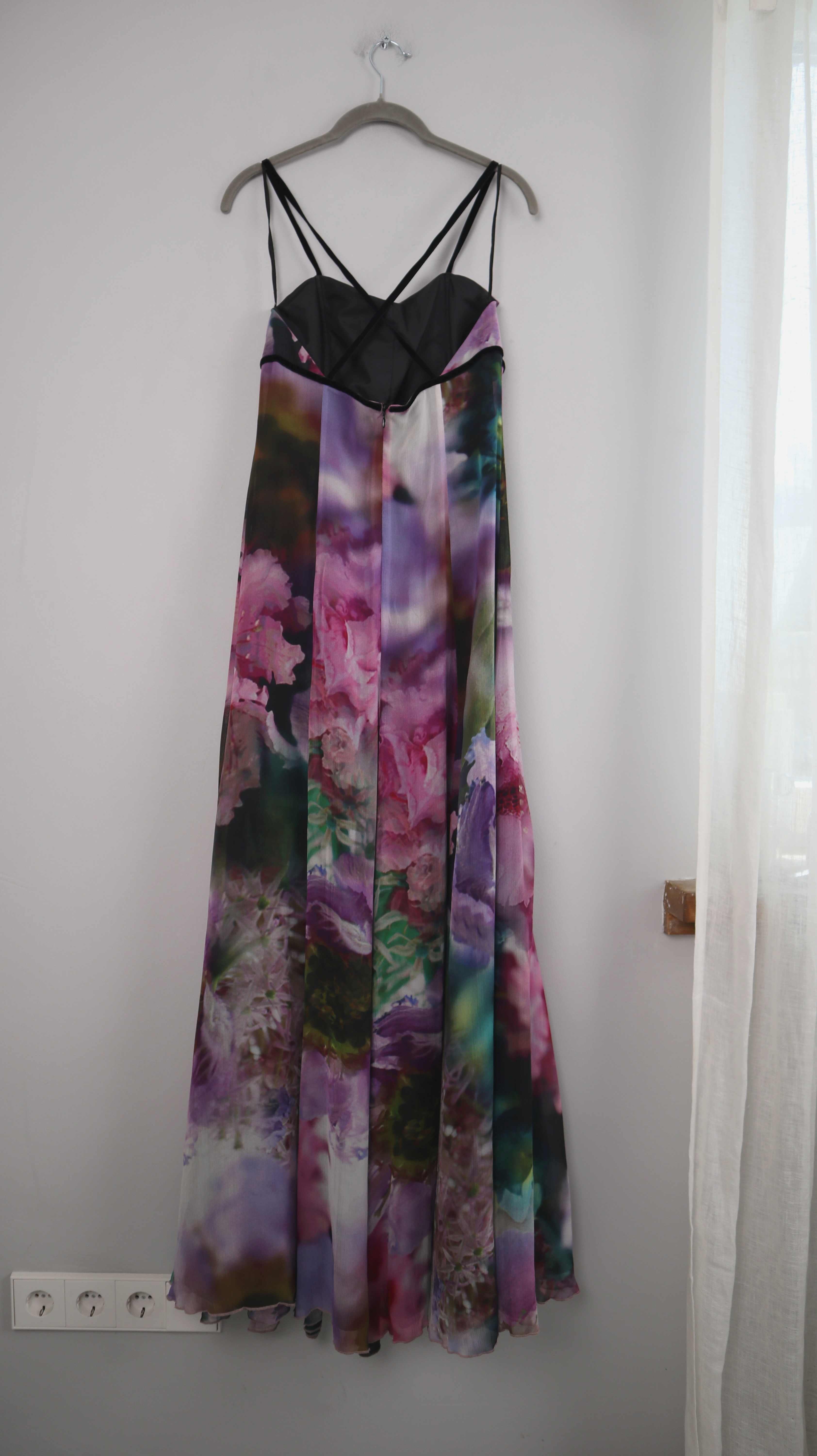 Maxikleid Abendkleid Ballkleid 36 S Lila Schwarz Samt Abiballkleid Blumen