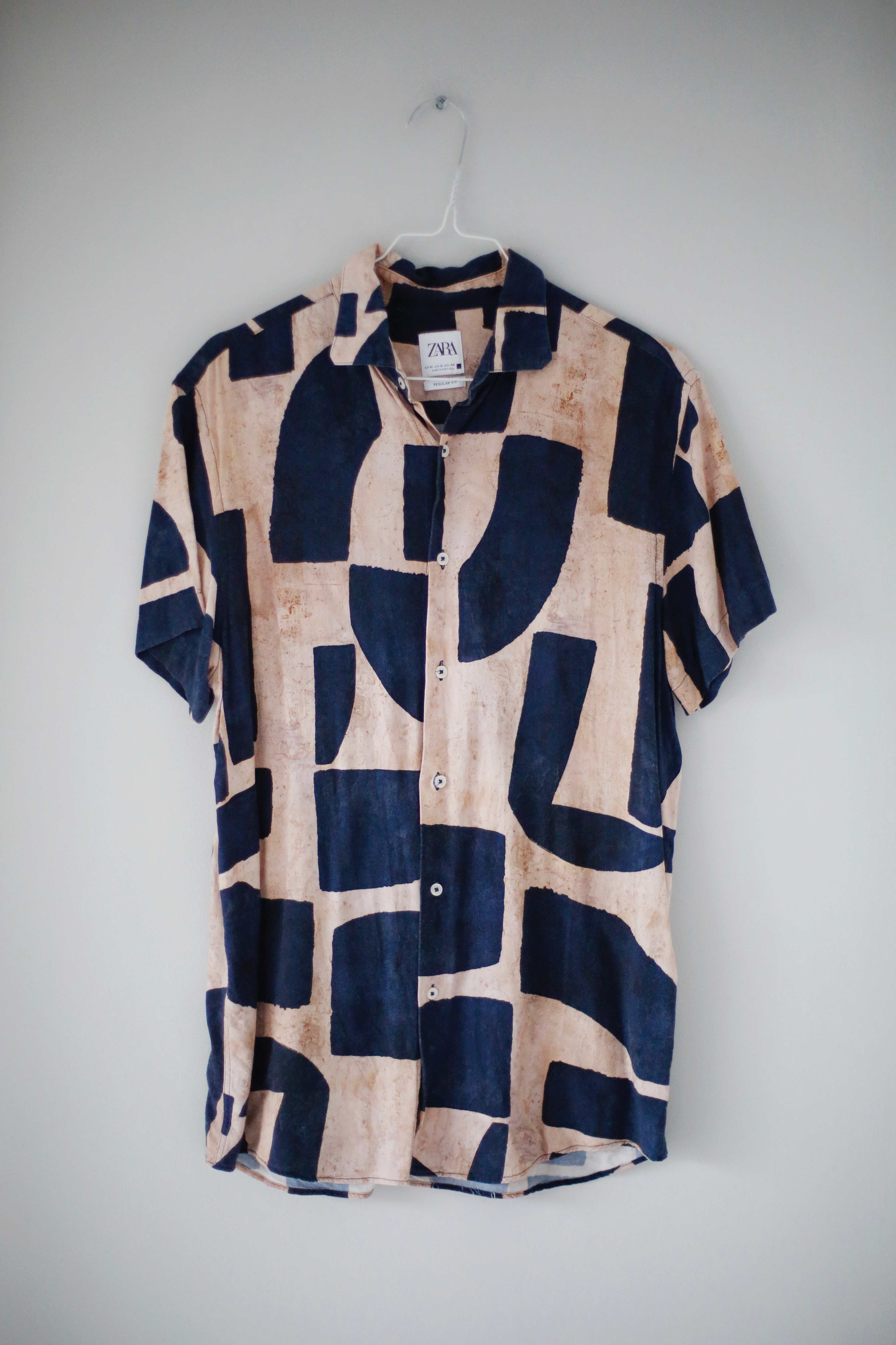 Zara Hemd print bunt gedruckt blau grafisch Muster M Shirt kurzarm