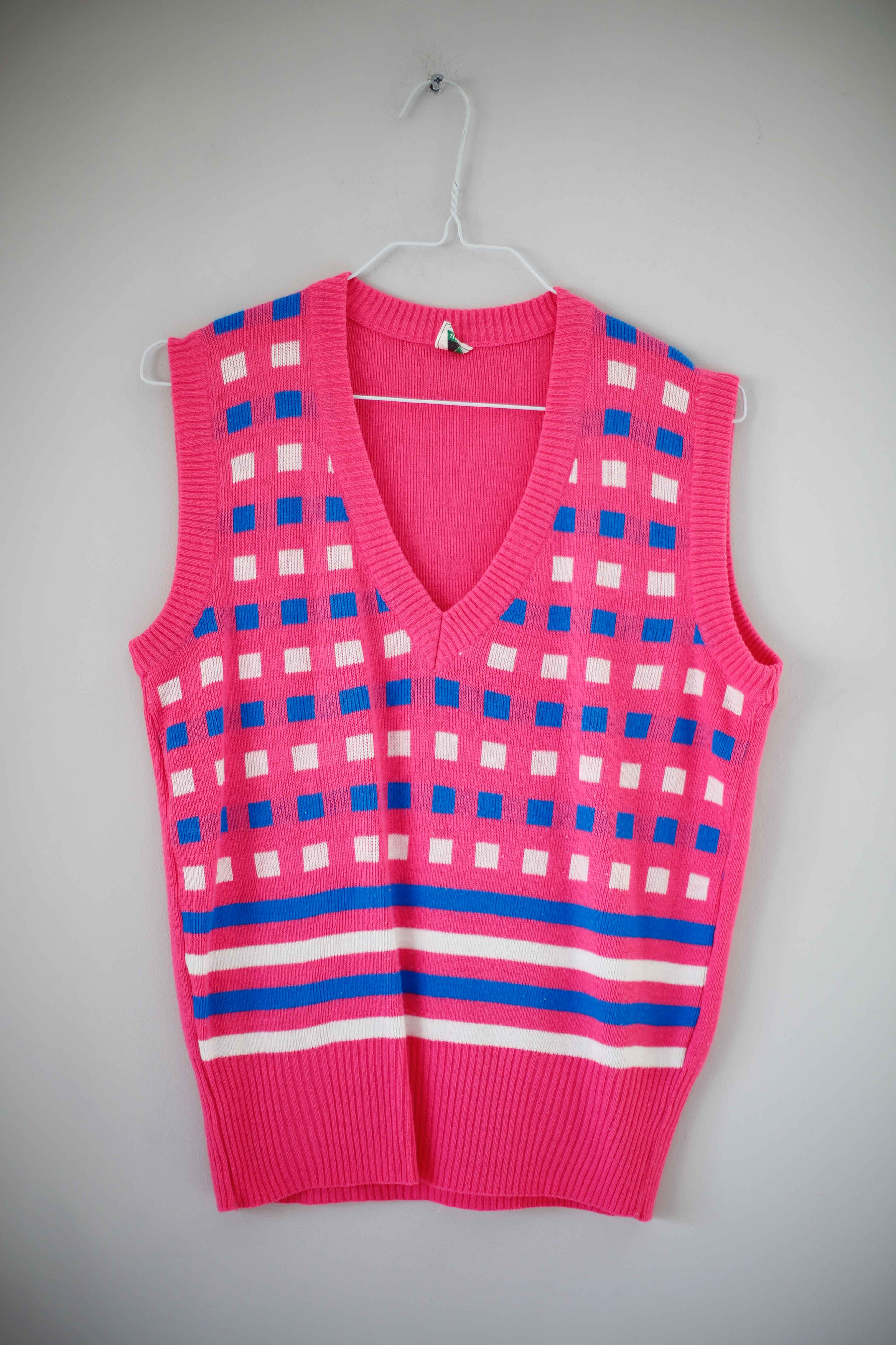 Weste Cardigan true Vintage Pink Blau Muster Retro gestrickt 38 M