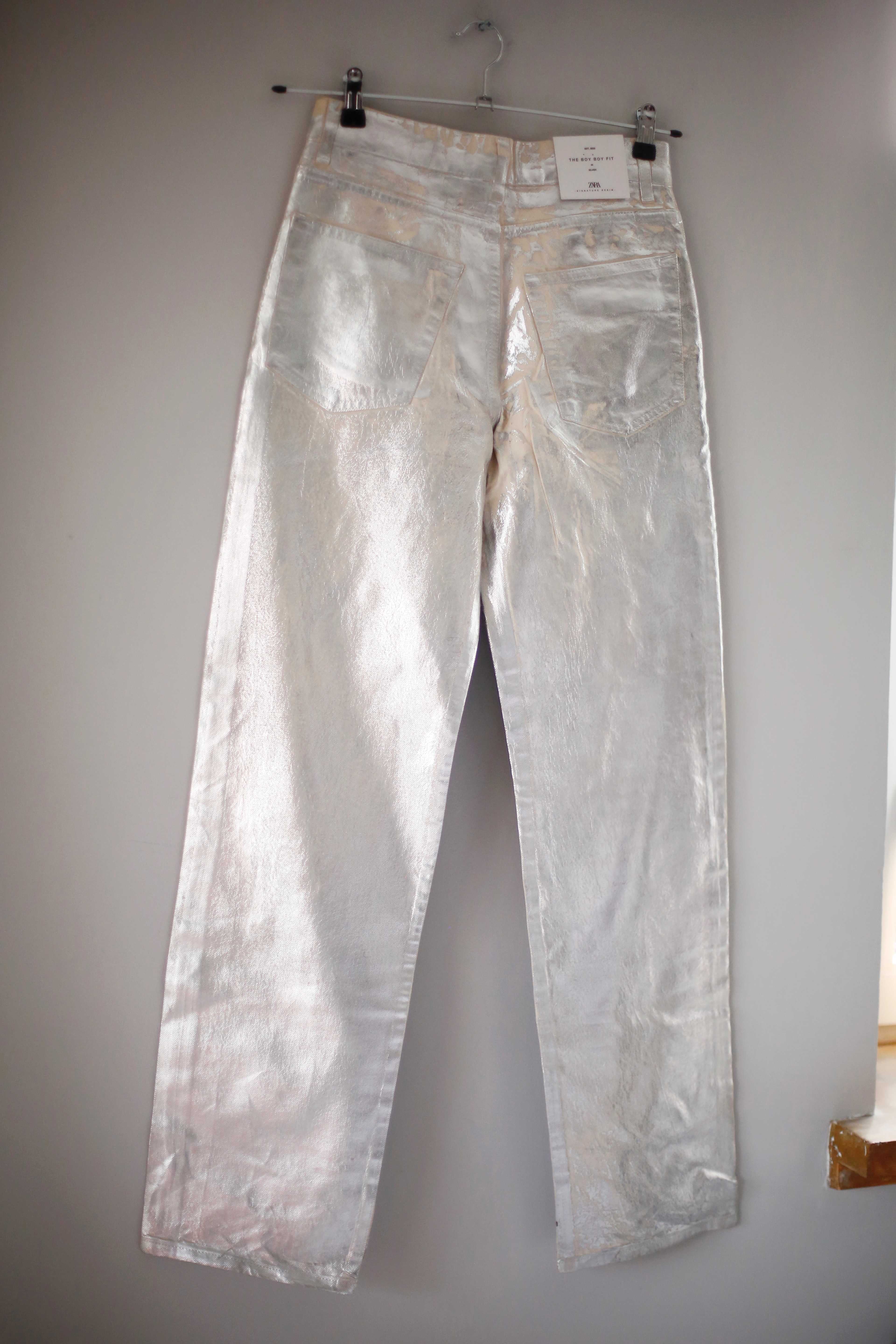 Zara Hose Neu Metallic 36 S Silber weiß The boy boy fit straight weiss