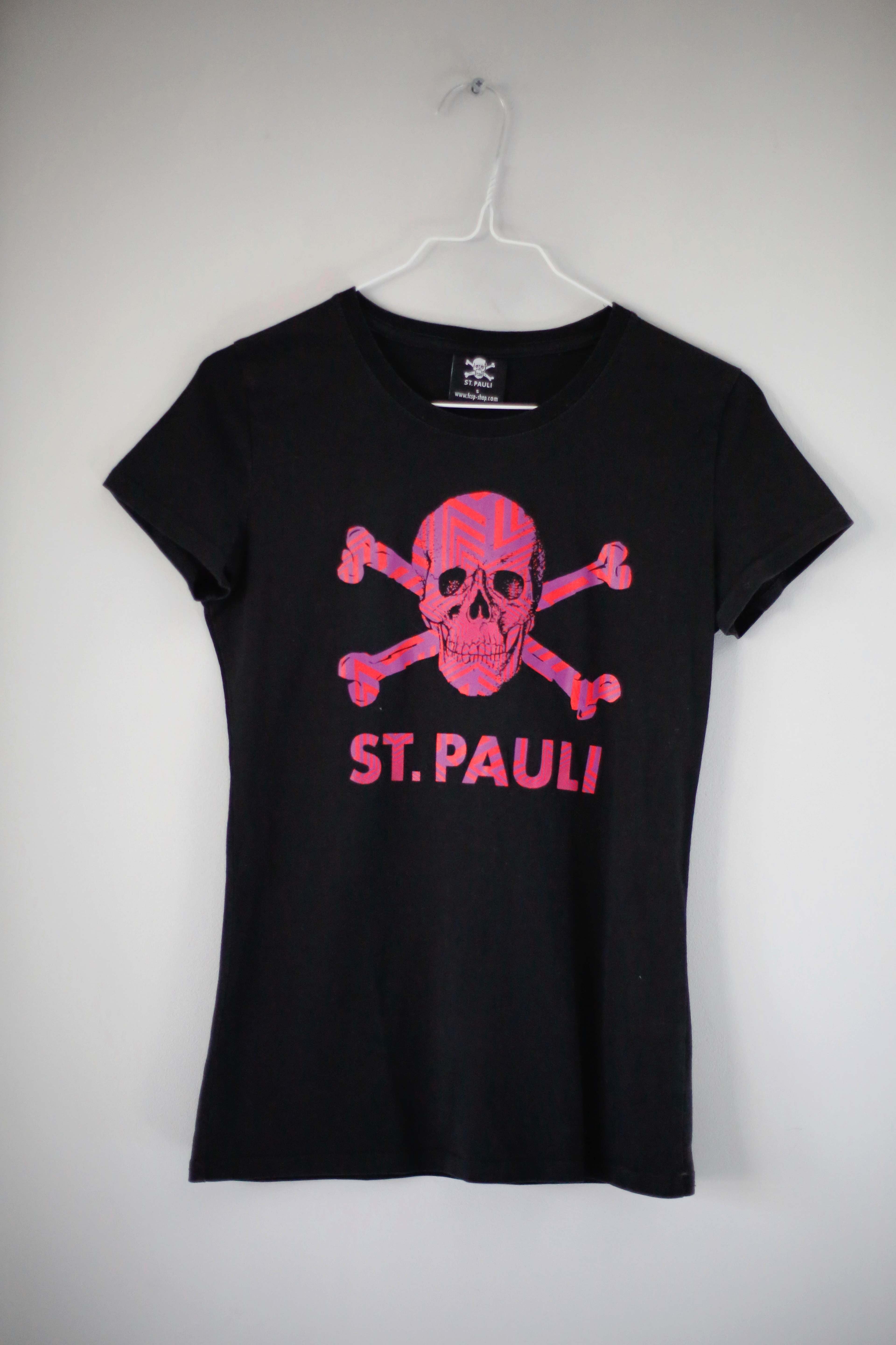 St. Pauli Shirt 36 S schwarz kurzarm Pink Print Totenkopf Fußballshirt Fanshirt