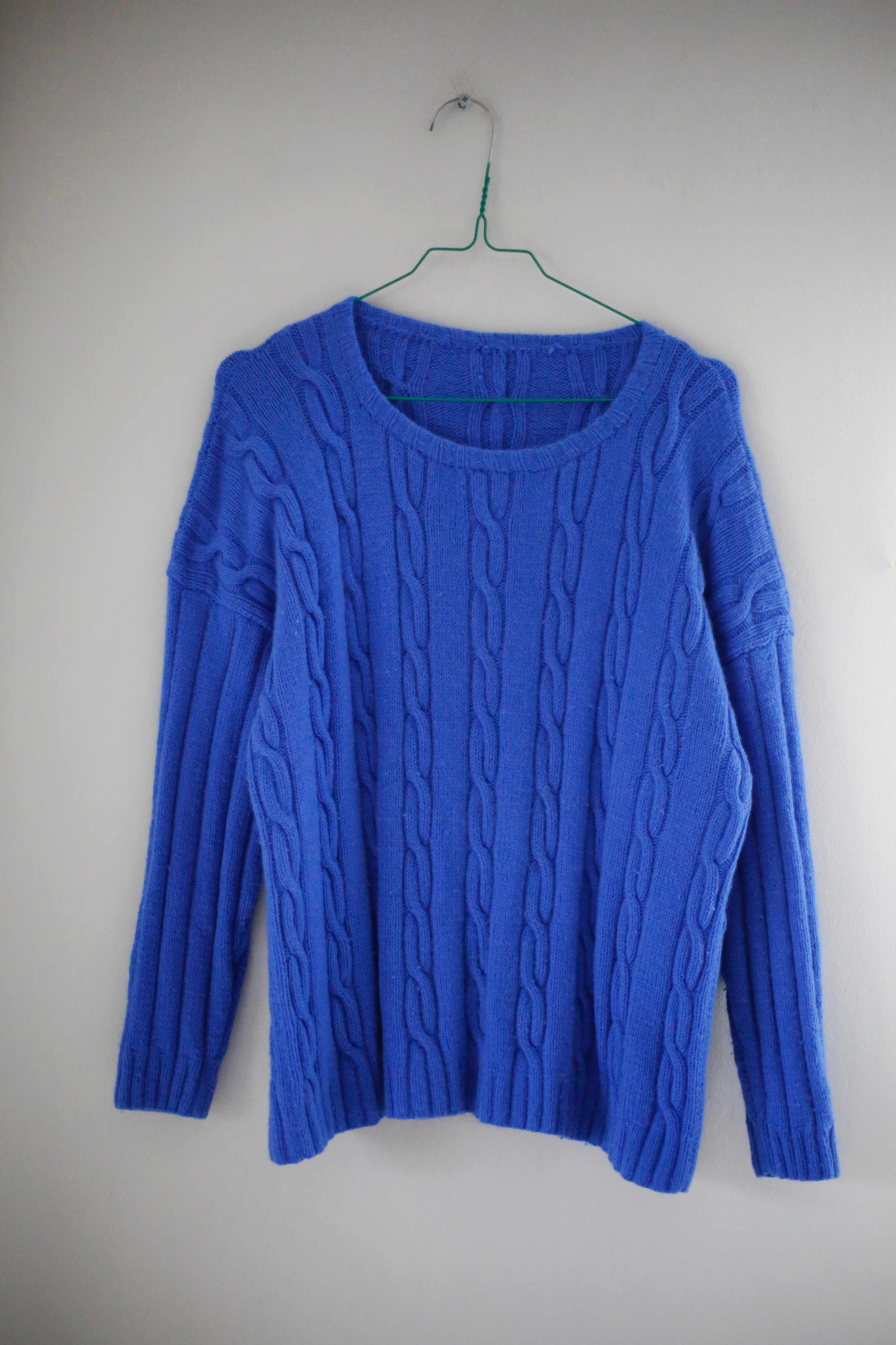 Cashmerepullover Pullover Blau Zopfmuster gestrickt 38 M einfarbig basic