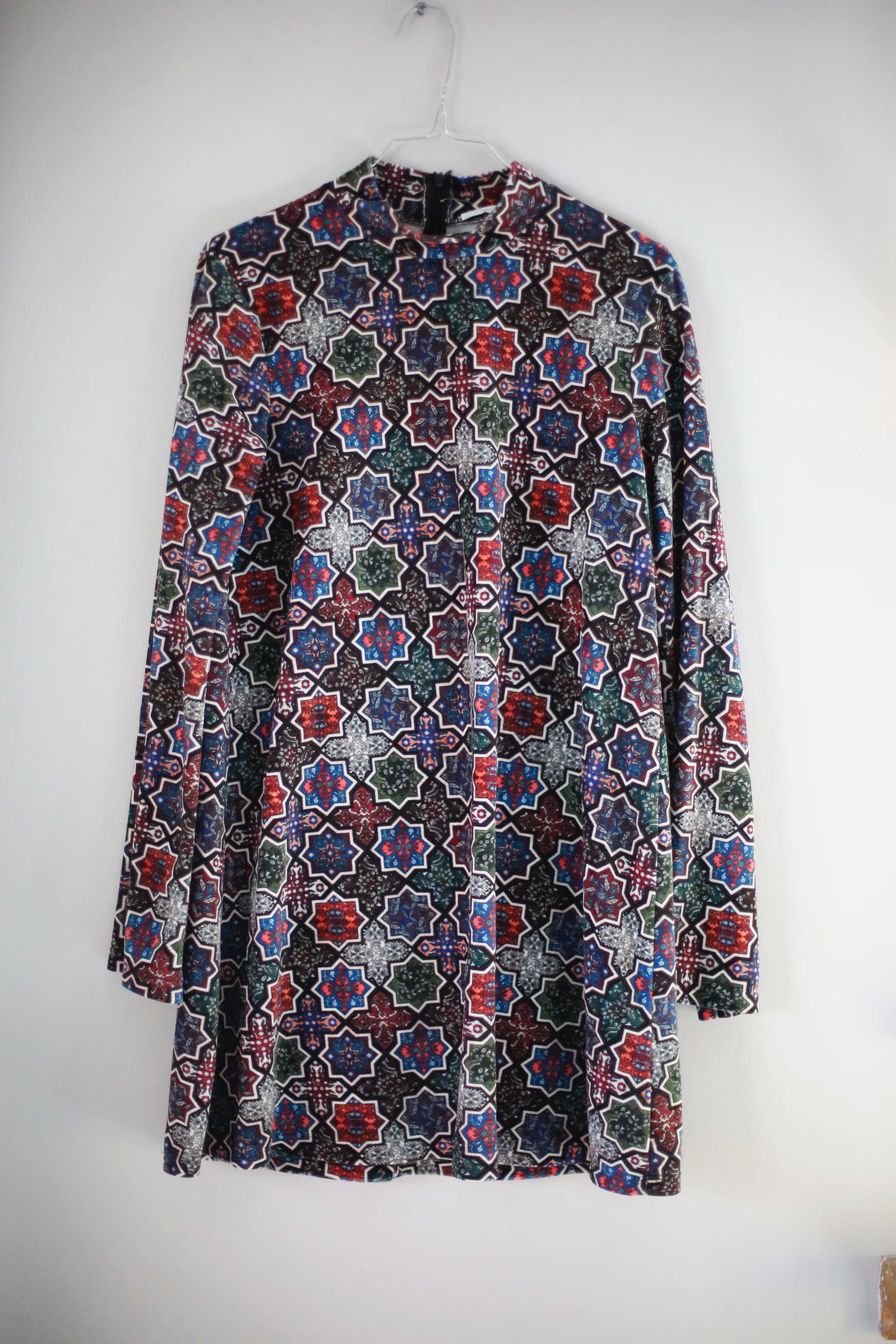 Zara Kleid Samt Samtkleid blau rot Paisley 38 M Midi Midikleid Herbstkleid