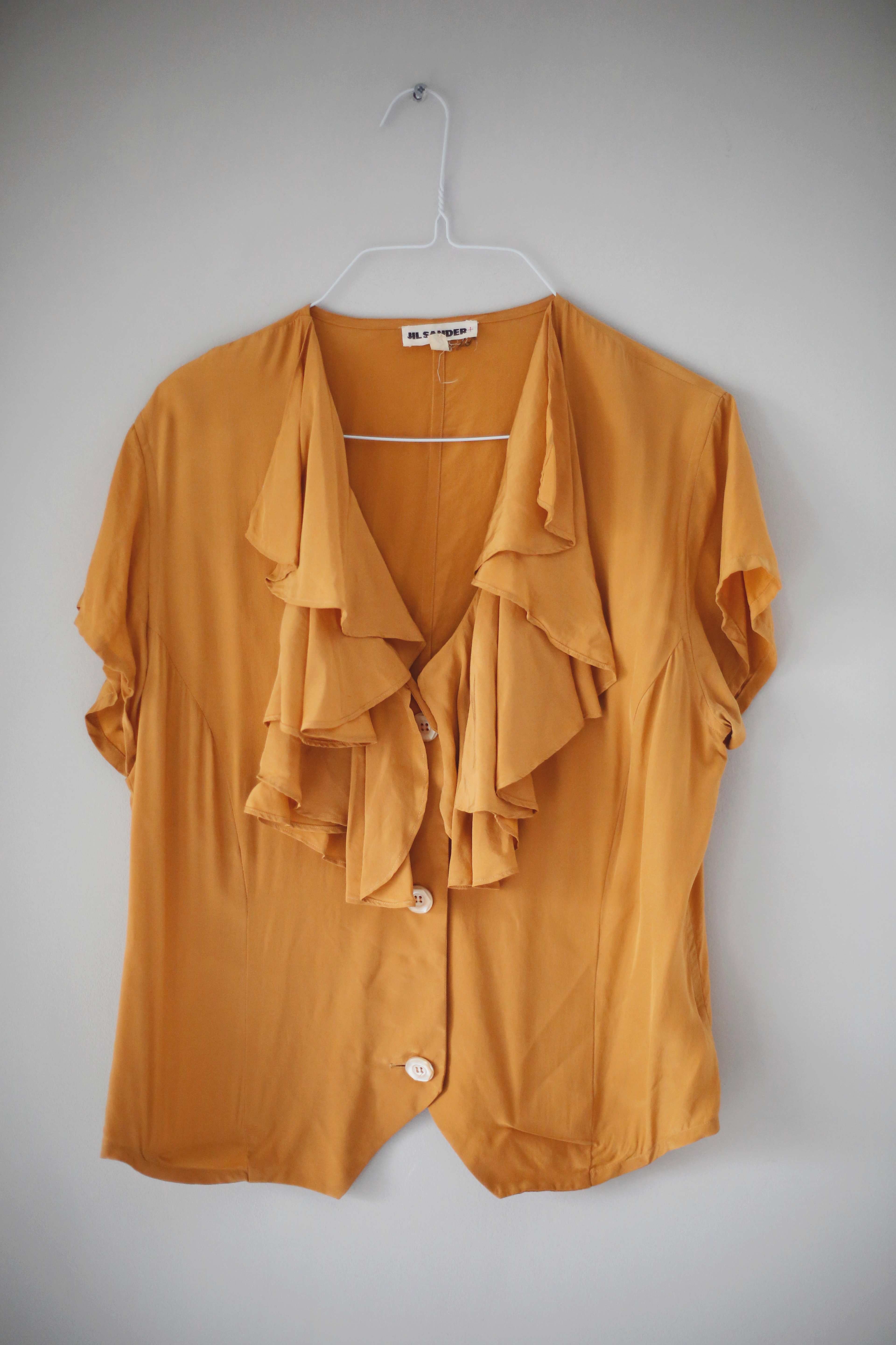 Jil Sander Bluse Seidenbluse Vintage Gelb Orange basic Wasserfallausschnitt V-Ausschnitt