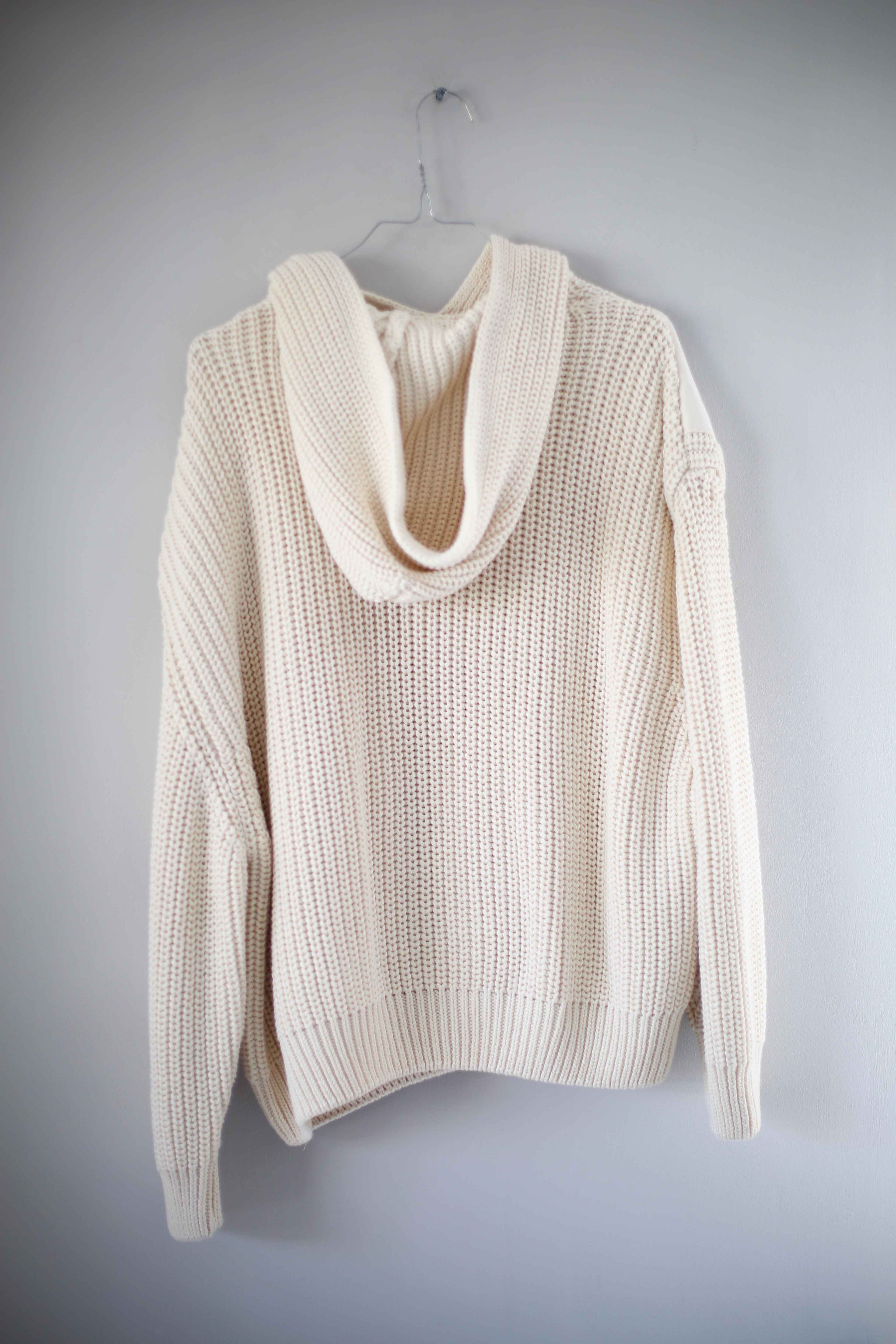 Mango Pullover Creme gestrickt 40 L Kapuzenpullover weiß Sweater Strickpullover