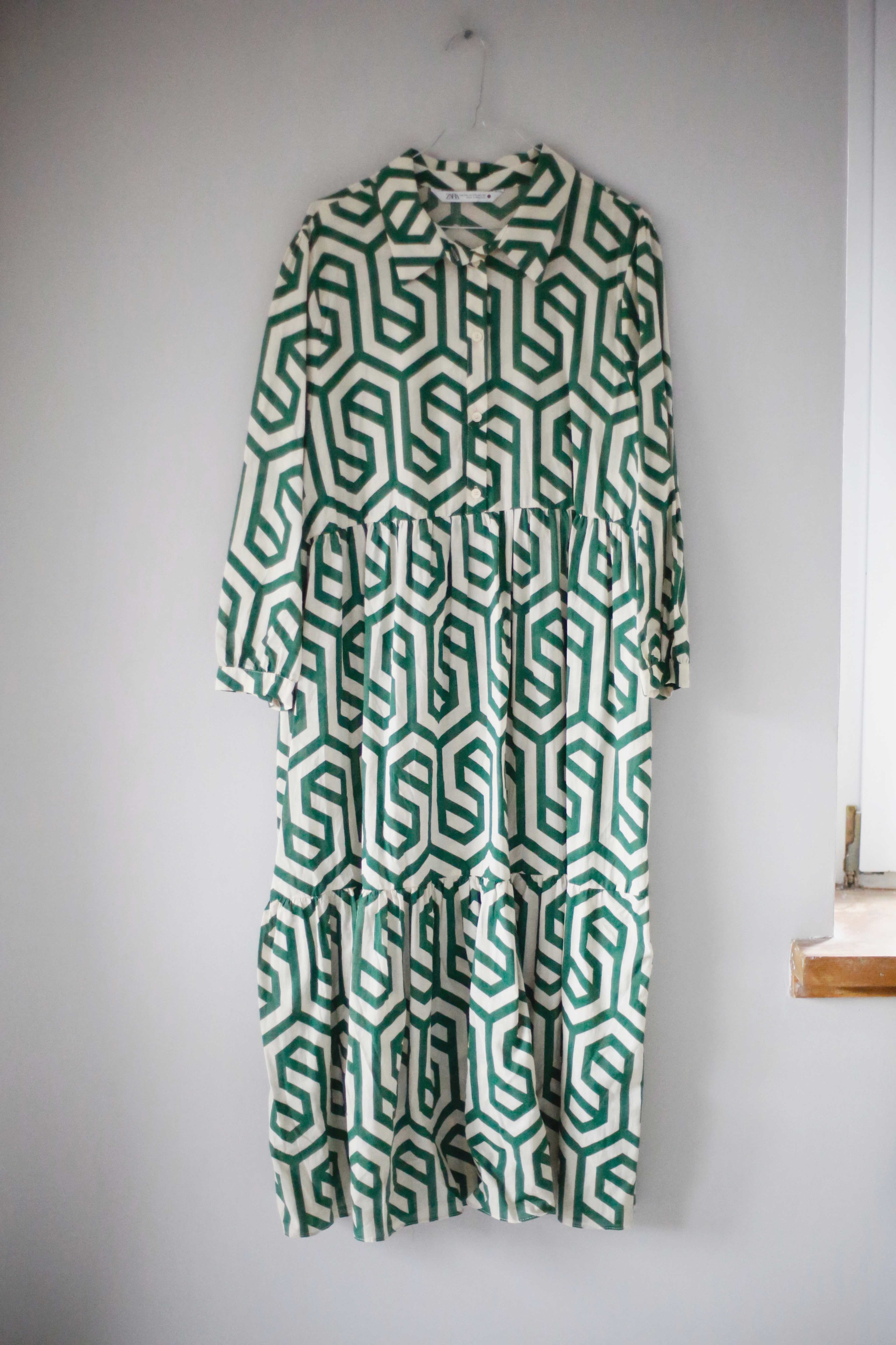 Zara Kleid Maxikleid XXL Grün Muster gemustert Sommerkleid geometrisch