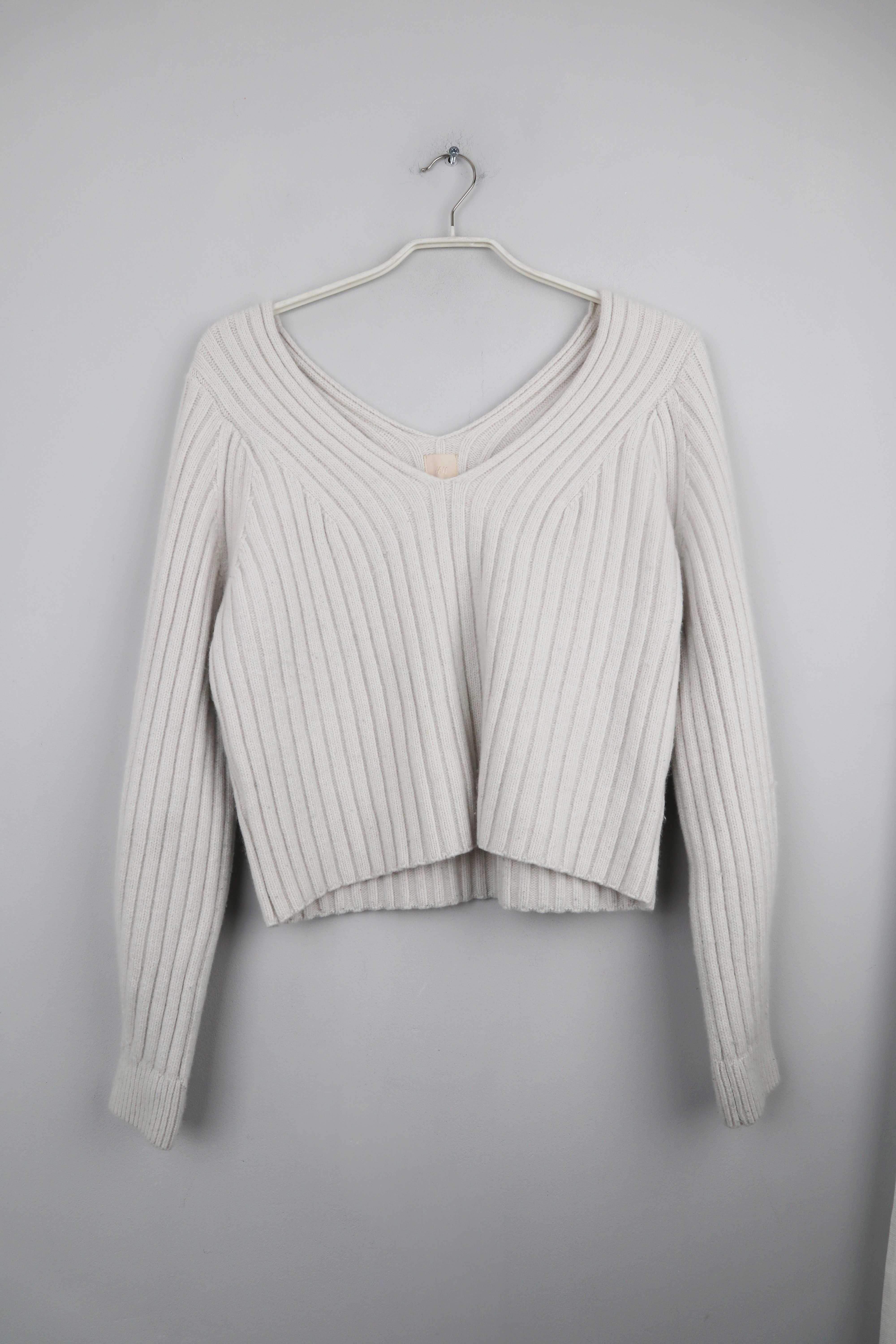 H&M Merinopullover Pullover Sweater Creme gerippt 36 S grau creme