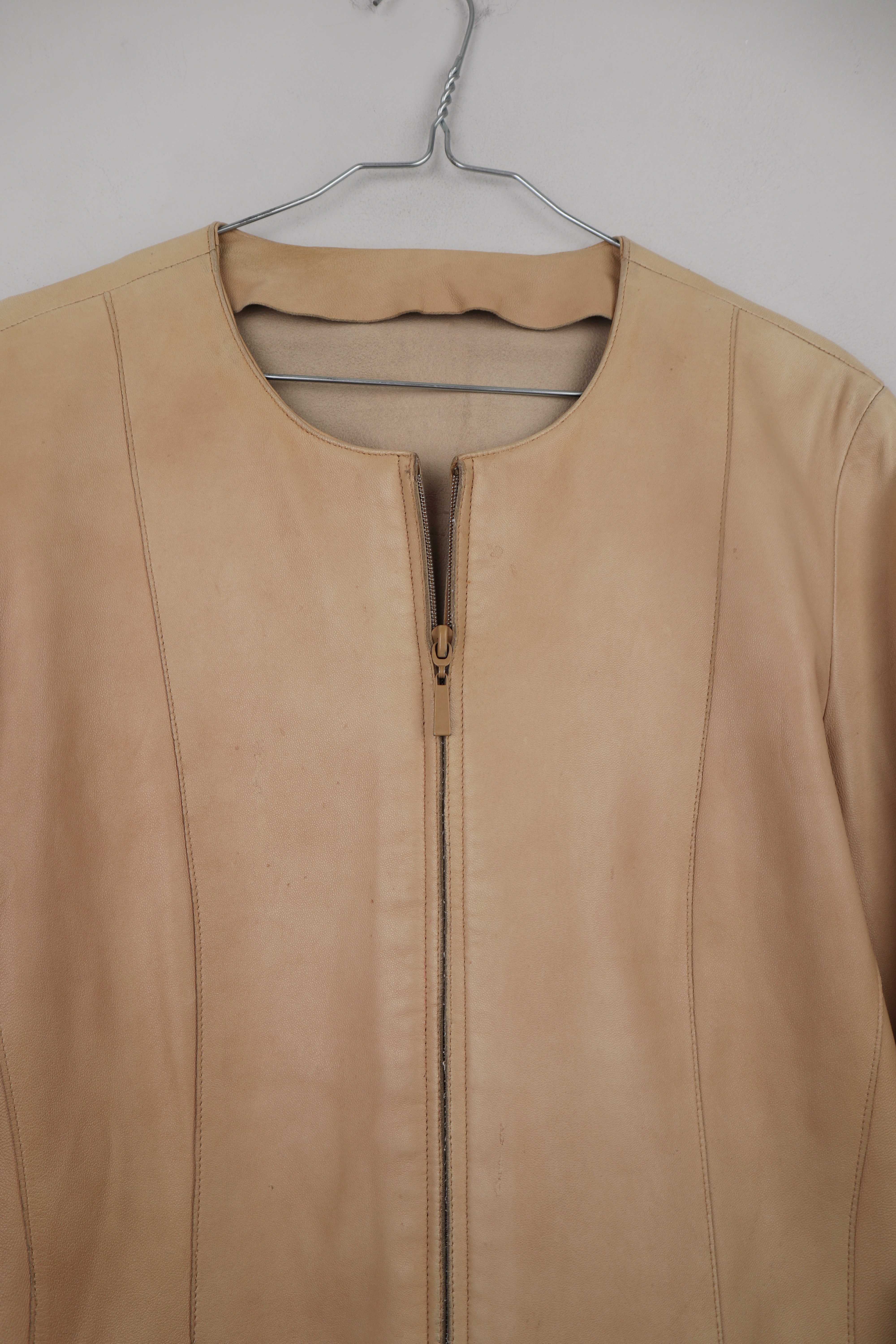 Vintage Lederjacke Beige 38 M grafisch minimalist Glattleder Creme Nude