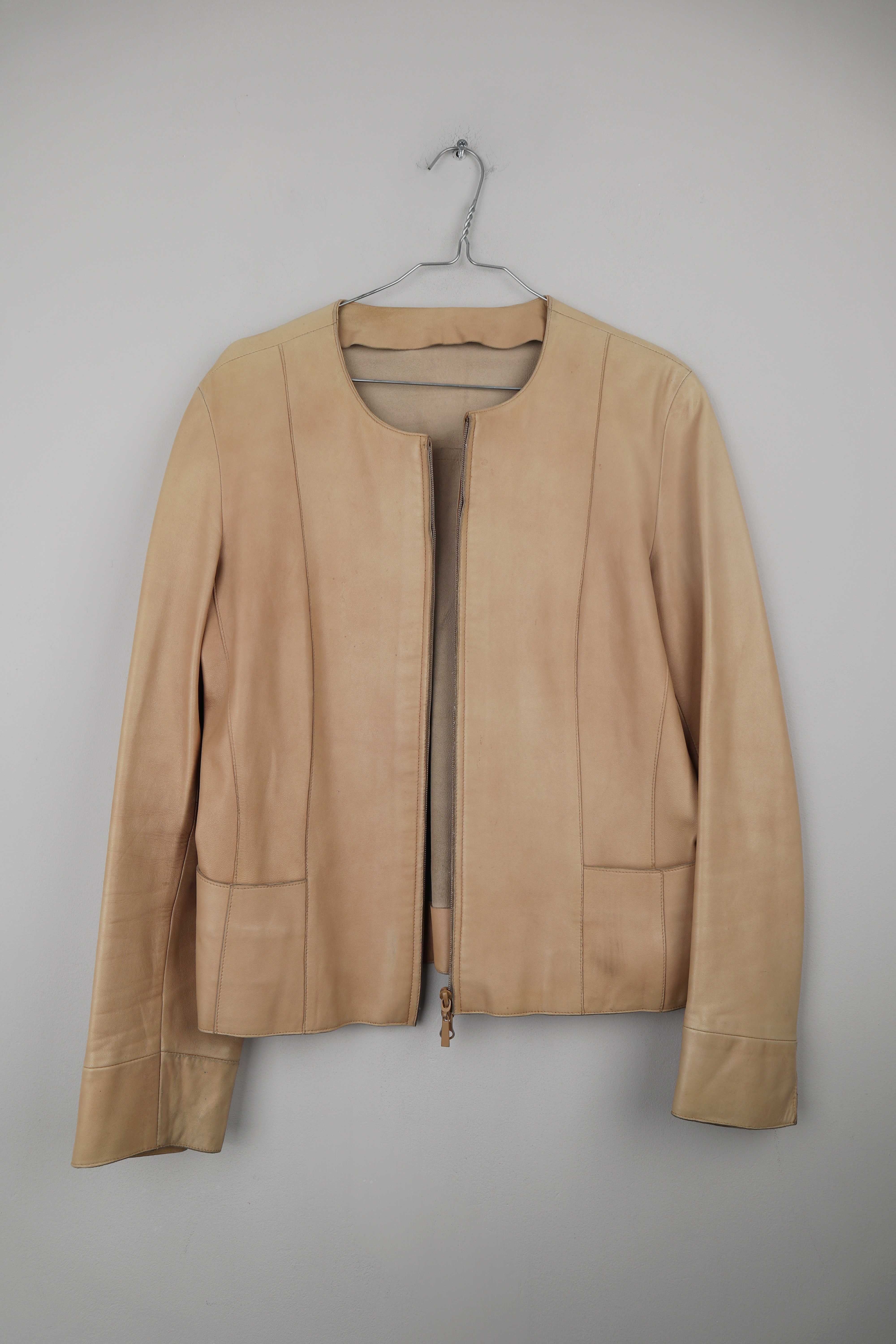 Vintage Lederjacke Beige 38 M grafisch minimalist Glattleder Creme Nude