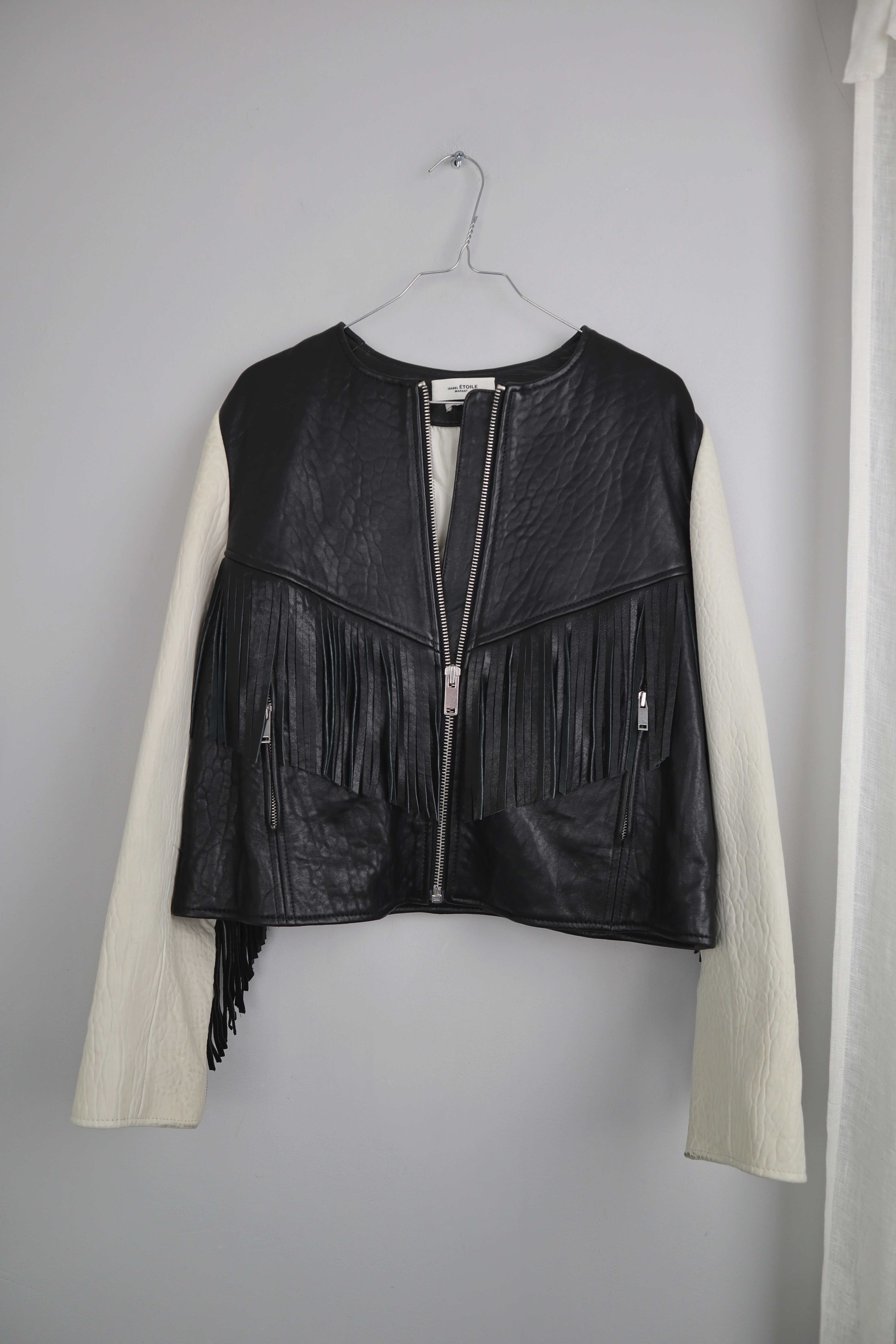 Isabel Marant Lederjacke Jacke Fransen Schwarz Weiß bestickt 38 M