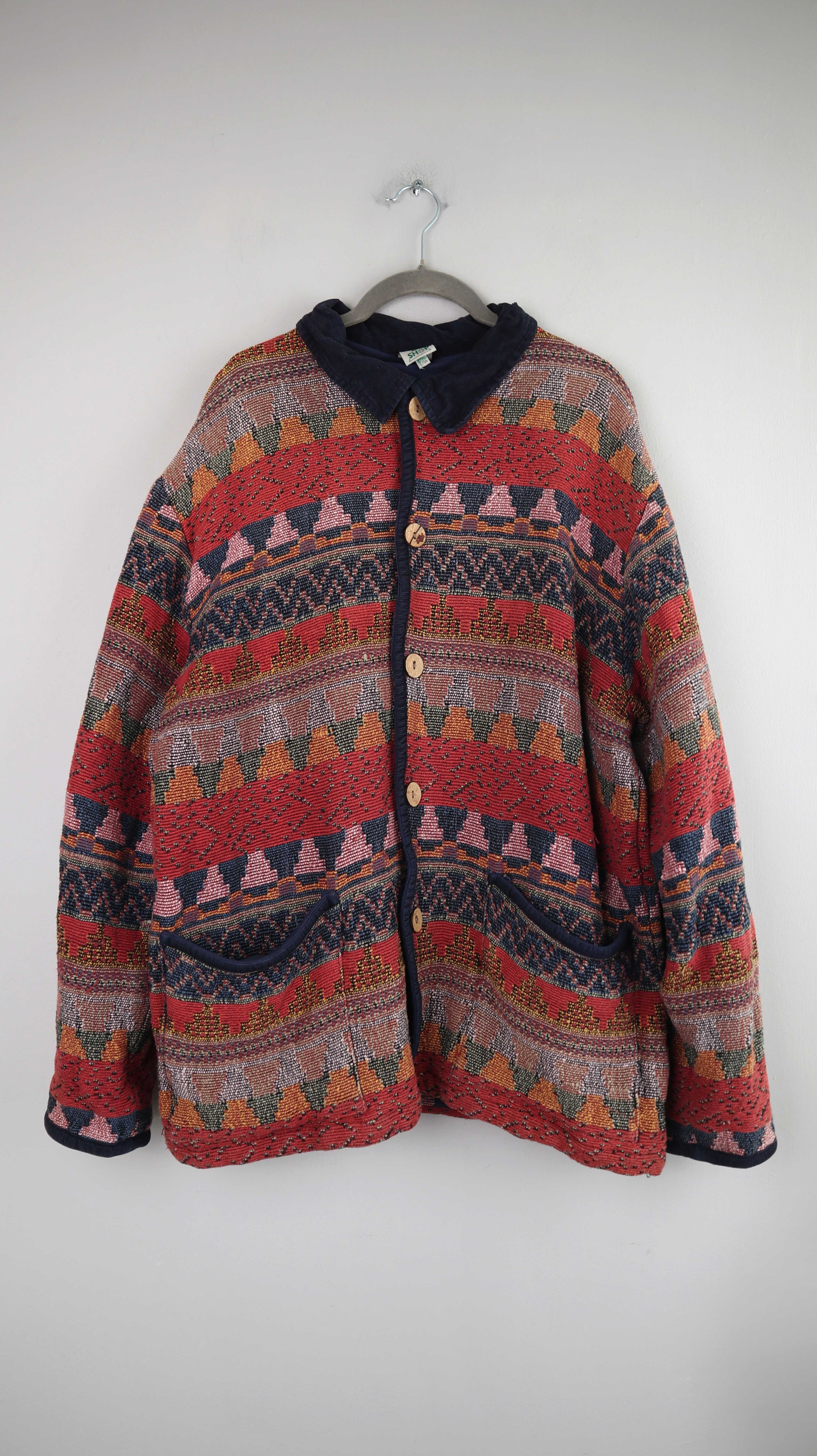 True Vintage Jacke Akzetenmuster XL L rot blau Manteljacke