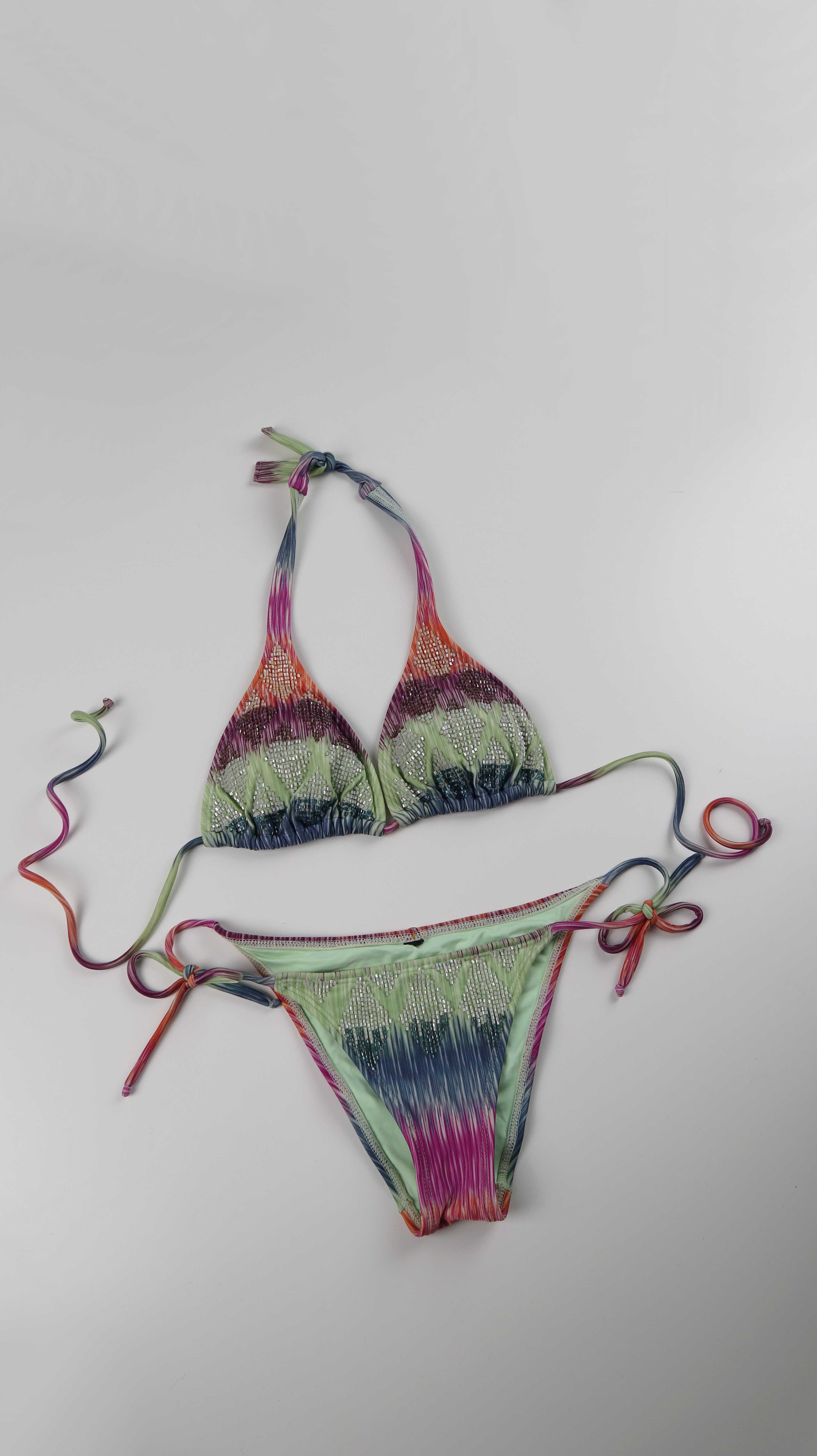 Bikini Badeanzug Grün Bestickt 36 S Batik Neckholder perlenbestickt