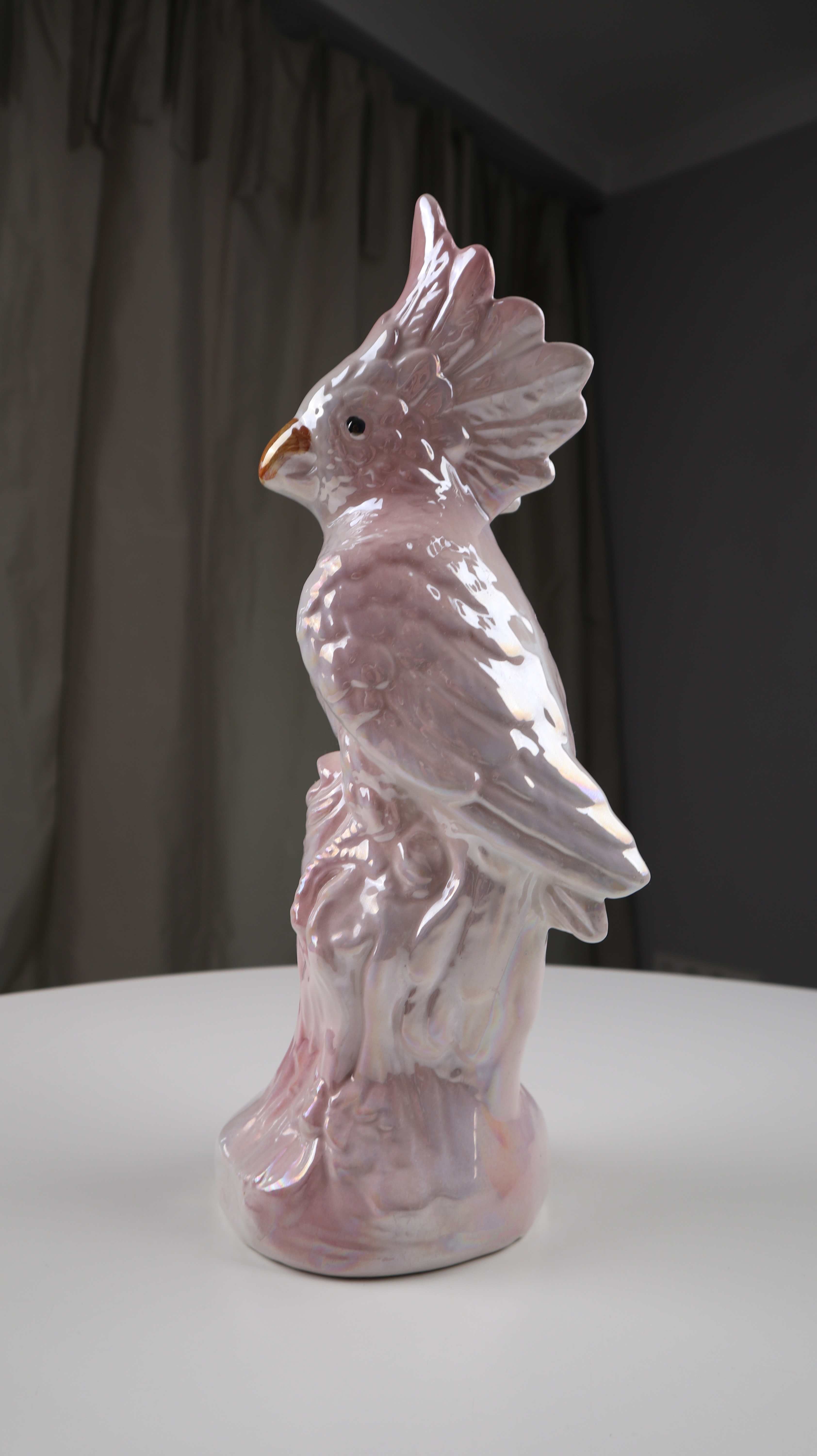Made in Italy Kakadu Porzellan Figur Porzellanfigur Tier handbemalt Rosa Metallic Dekoobjekt