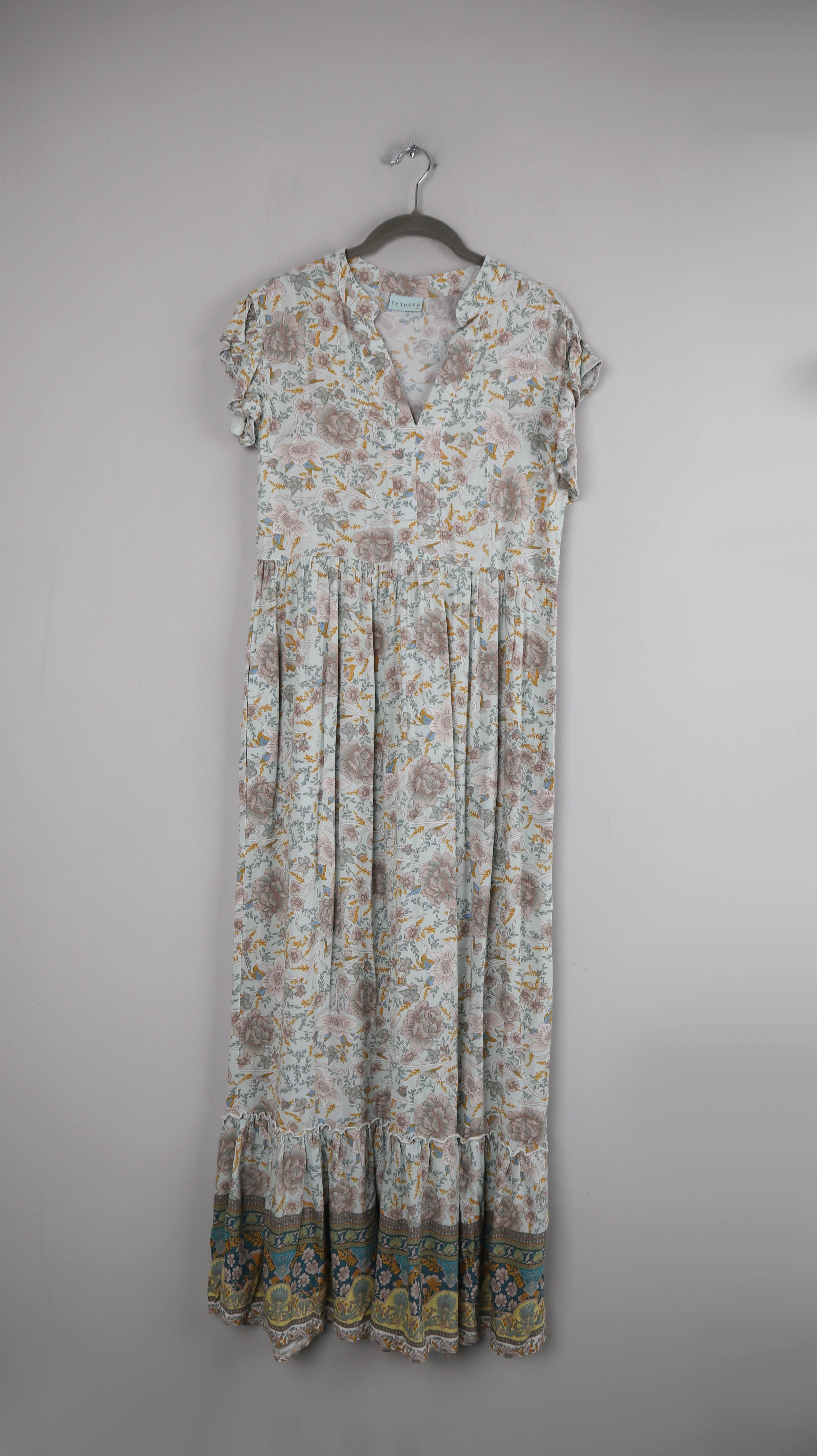 Trinity Kleid XS Maxikleid Sommerkleid lang blau Gelb V-Ausschnitt