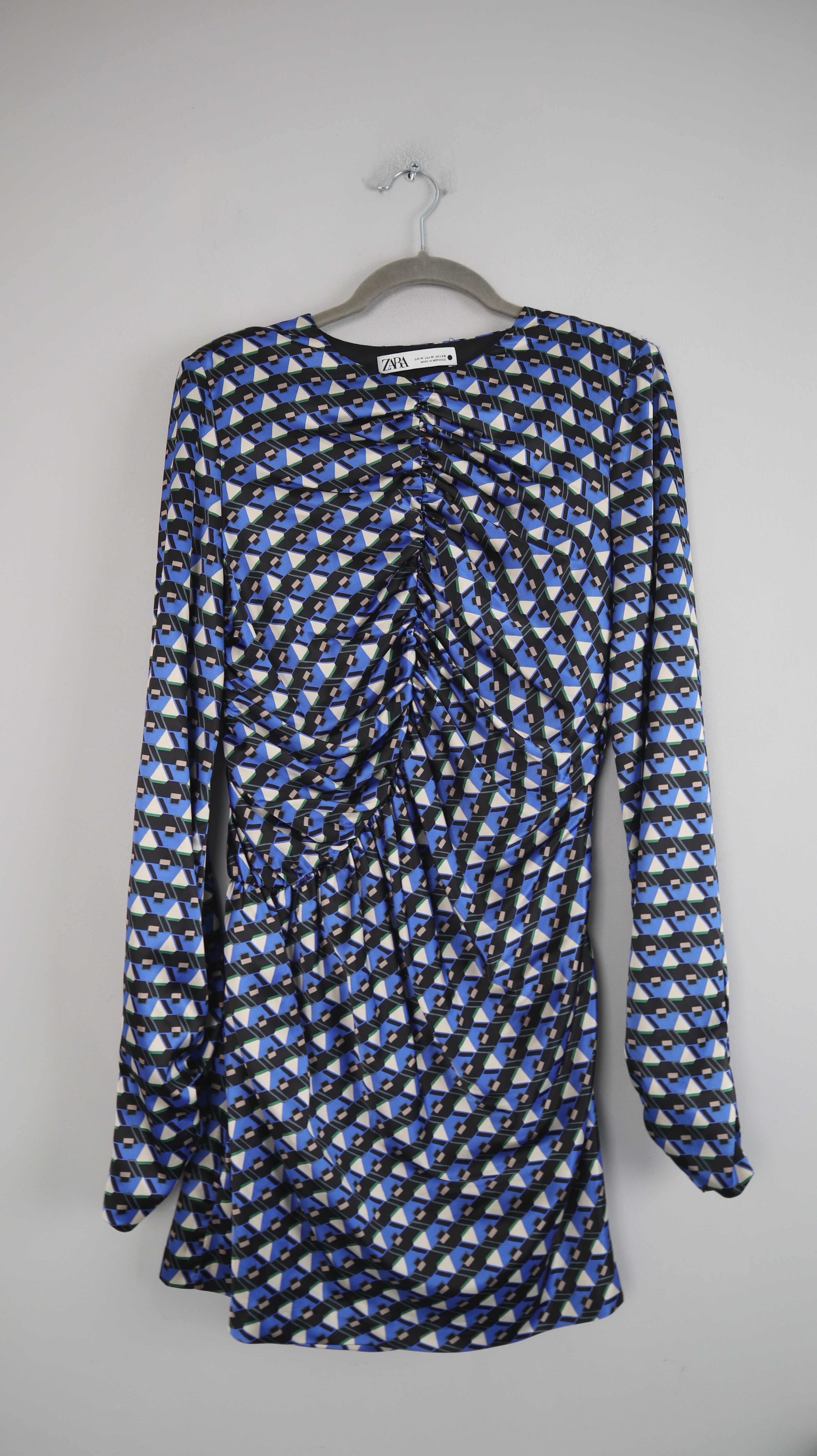 Zara Kleid Blau Midi Midikleid 38 M geometrisch langärmlig Etuikleid
