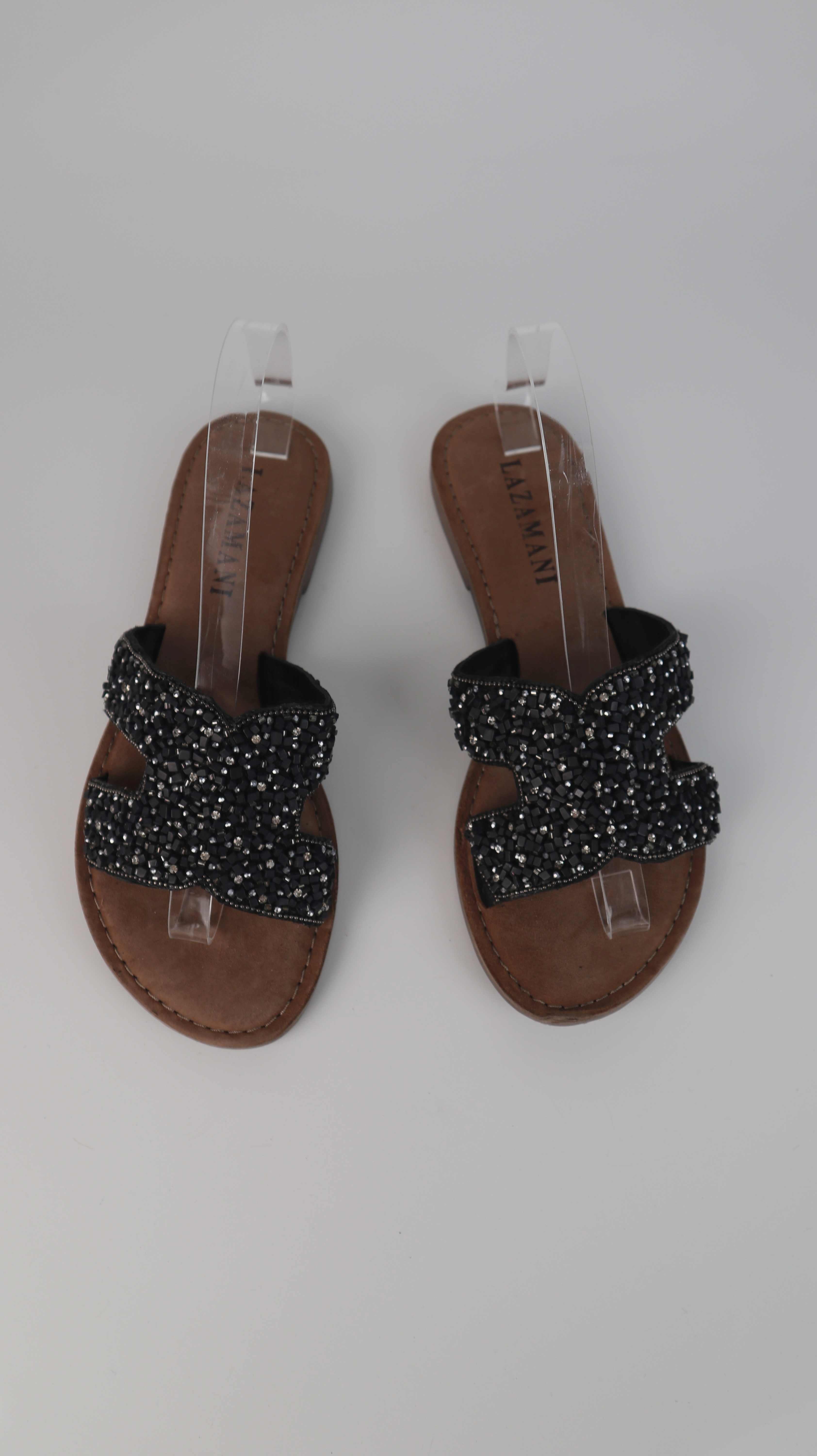 Lazamani Sandalen Slipper braun grau 39 Glitzer Sommersandalen