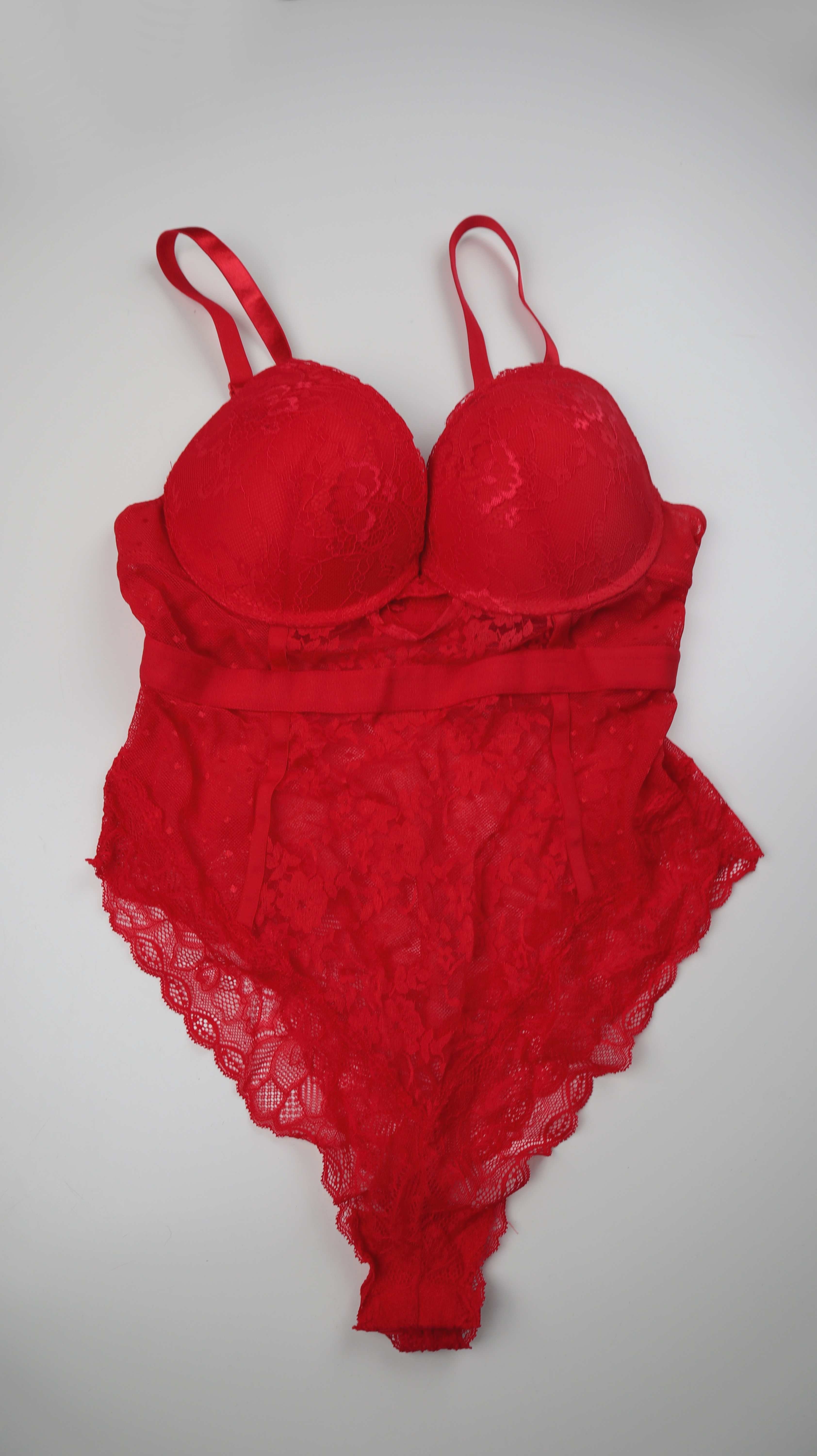 H&M Body Anzug rot Spitze 40 L dunkelrot Push-Up Body mit Spitze