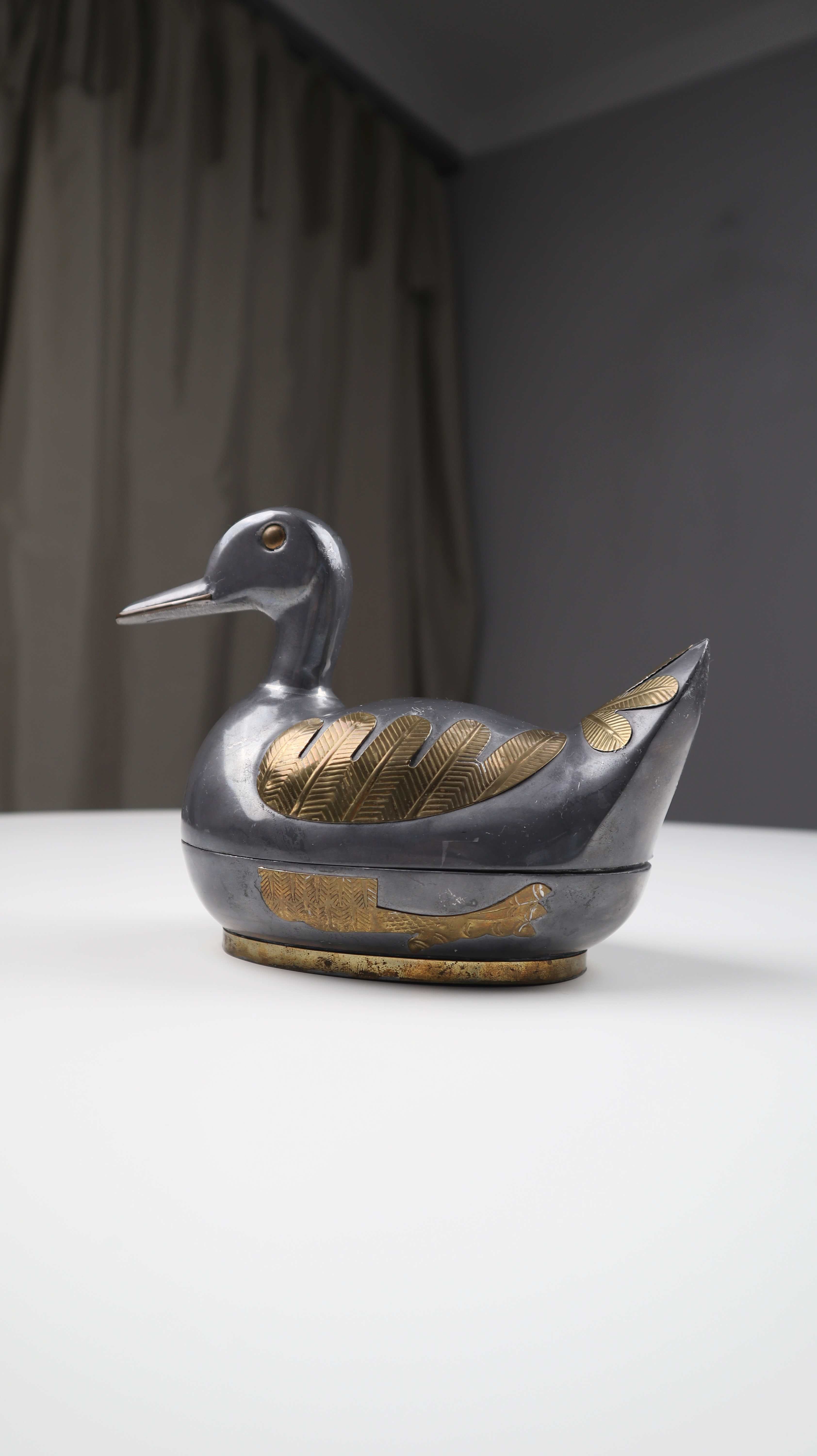 Zinn Messing Ente Dose silber Metall Metalldose Entenform Tierform Gold beschlagen