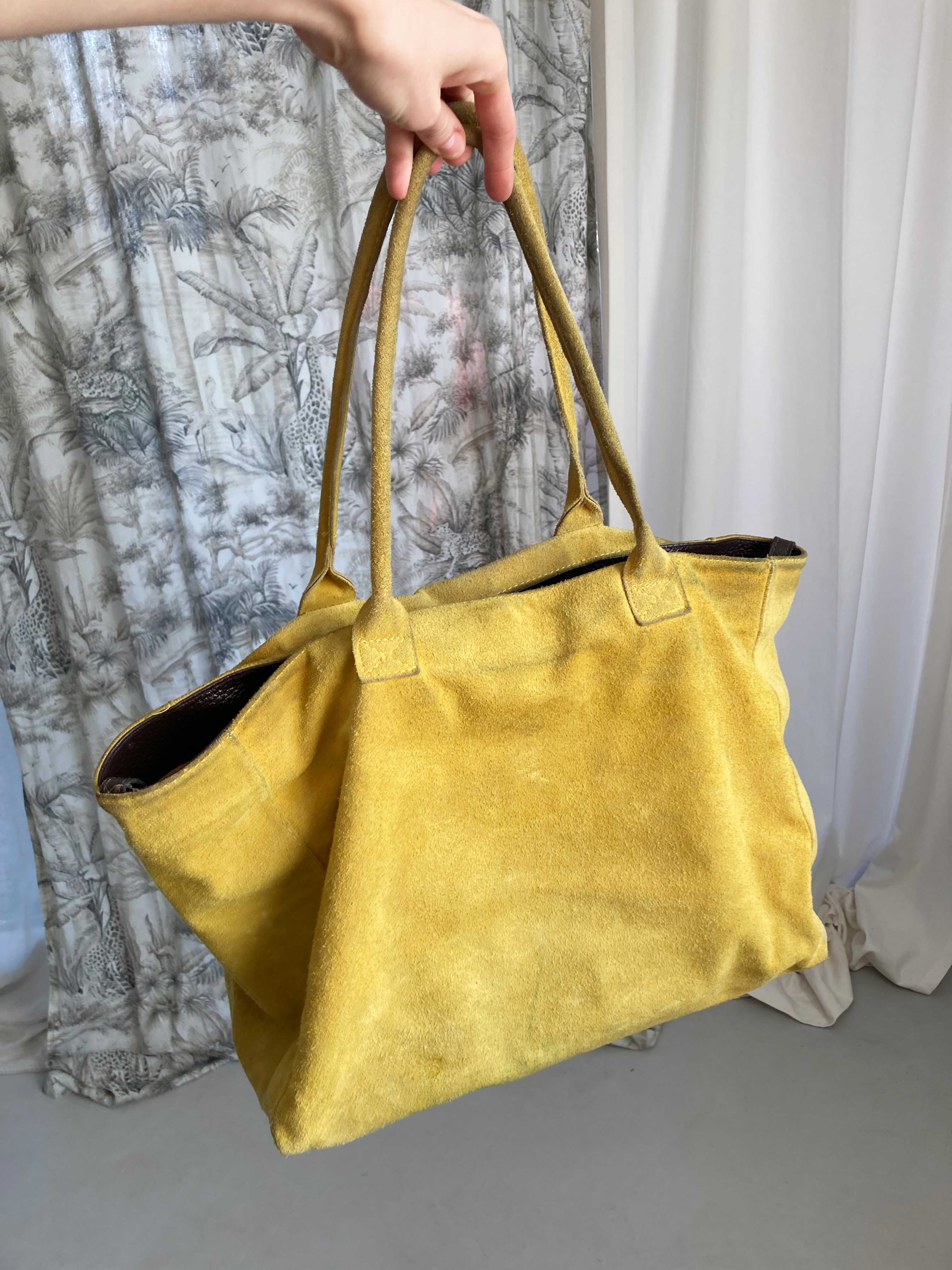 Made in Italy Tasche Henkeltasche Wildleder Gelb Shopper Schultertasche groß