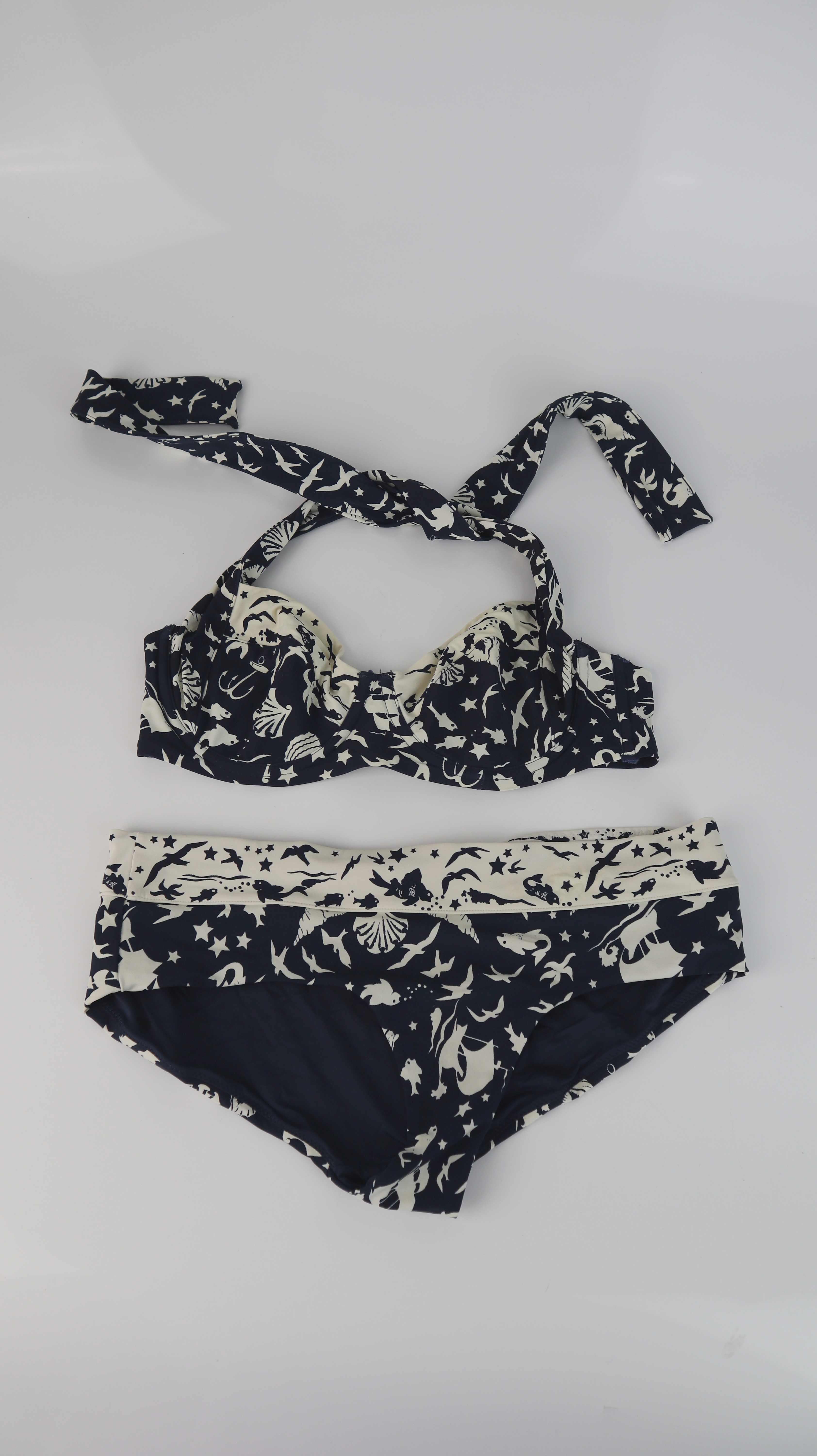 Bikini blau weiß Muscheln 38 M 80 C Creme Set Neckholder