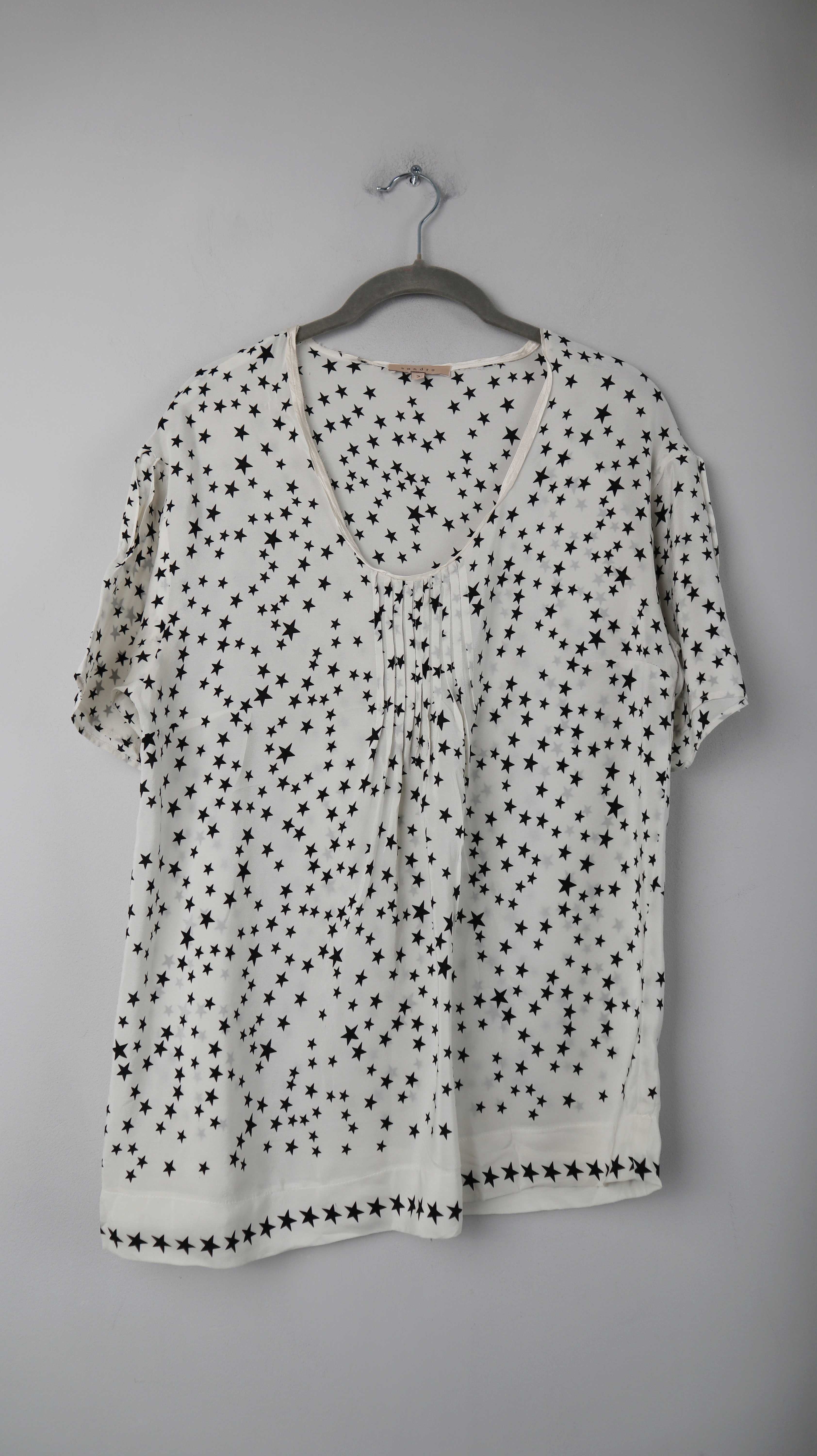 Sandro Shirt T-Shirt weiß Sterne Seide Seidenshirt 40 L 3 weiss schwarz