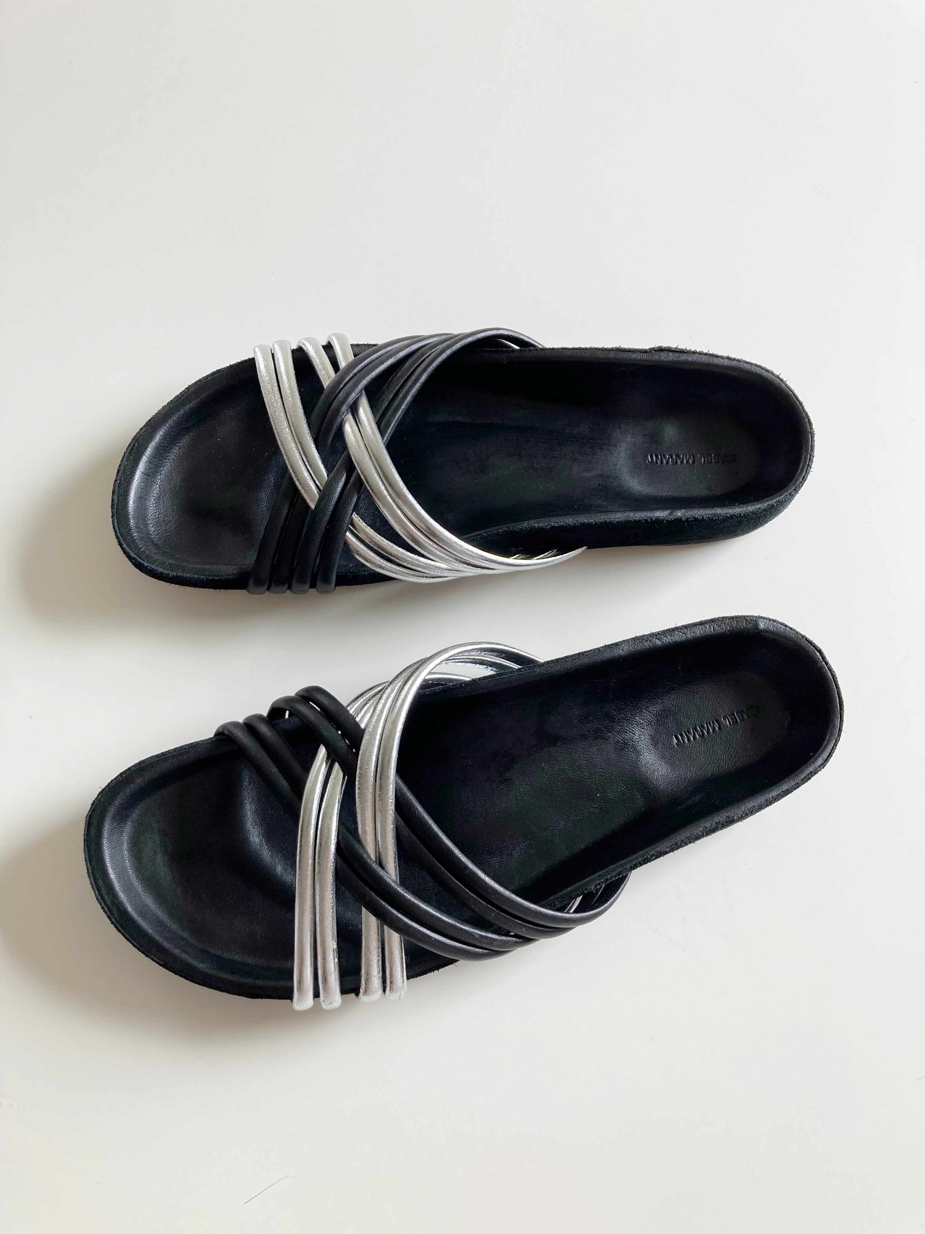 Isabel Marant Slipper 40 schwarz silber Lederslipper geflochten Sandalen