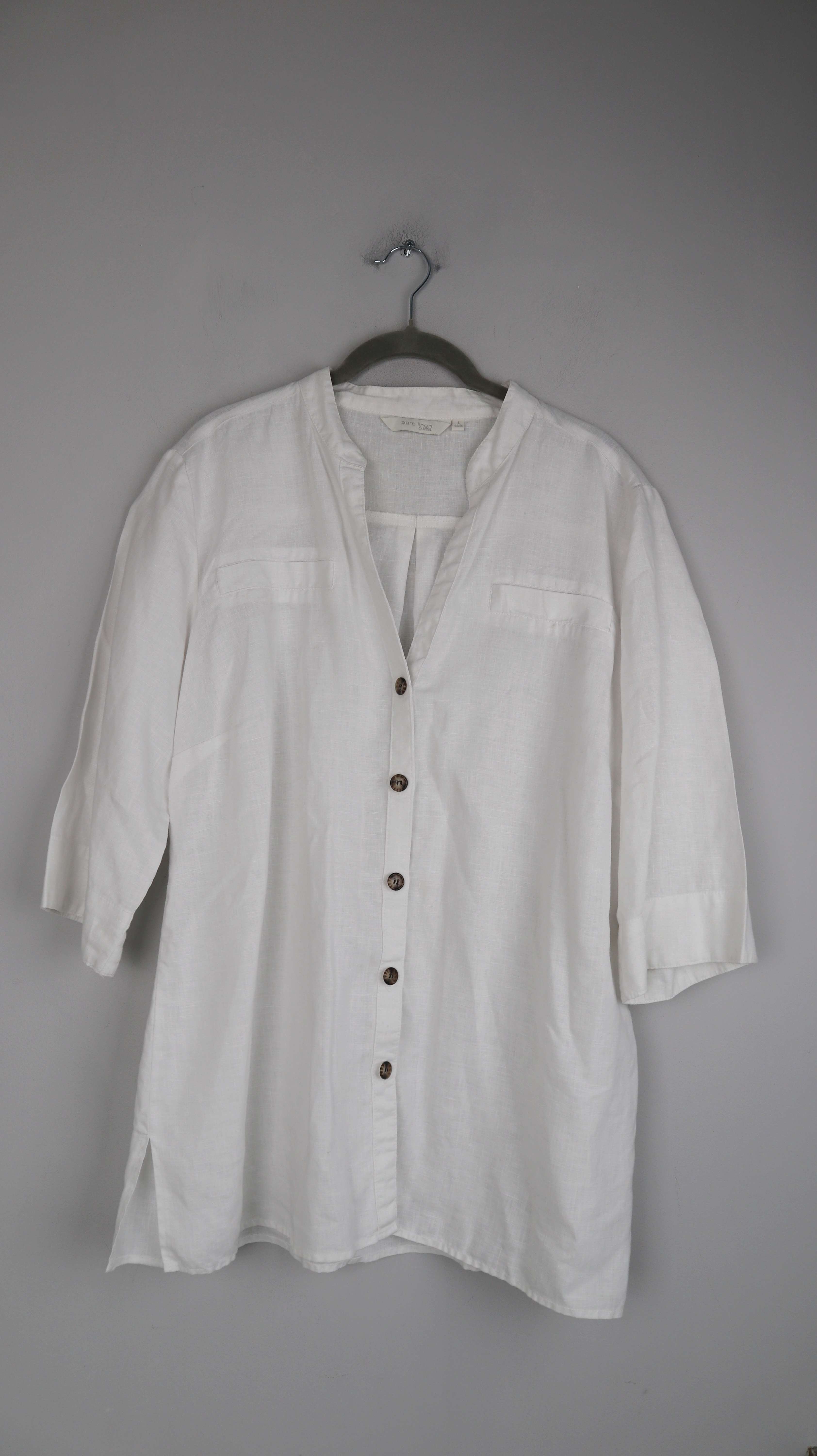 pure linen Anne L. Bluse Hemd weiß Leinenbluse L geknöpft