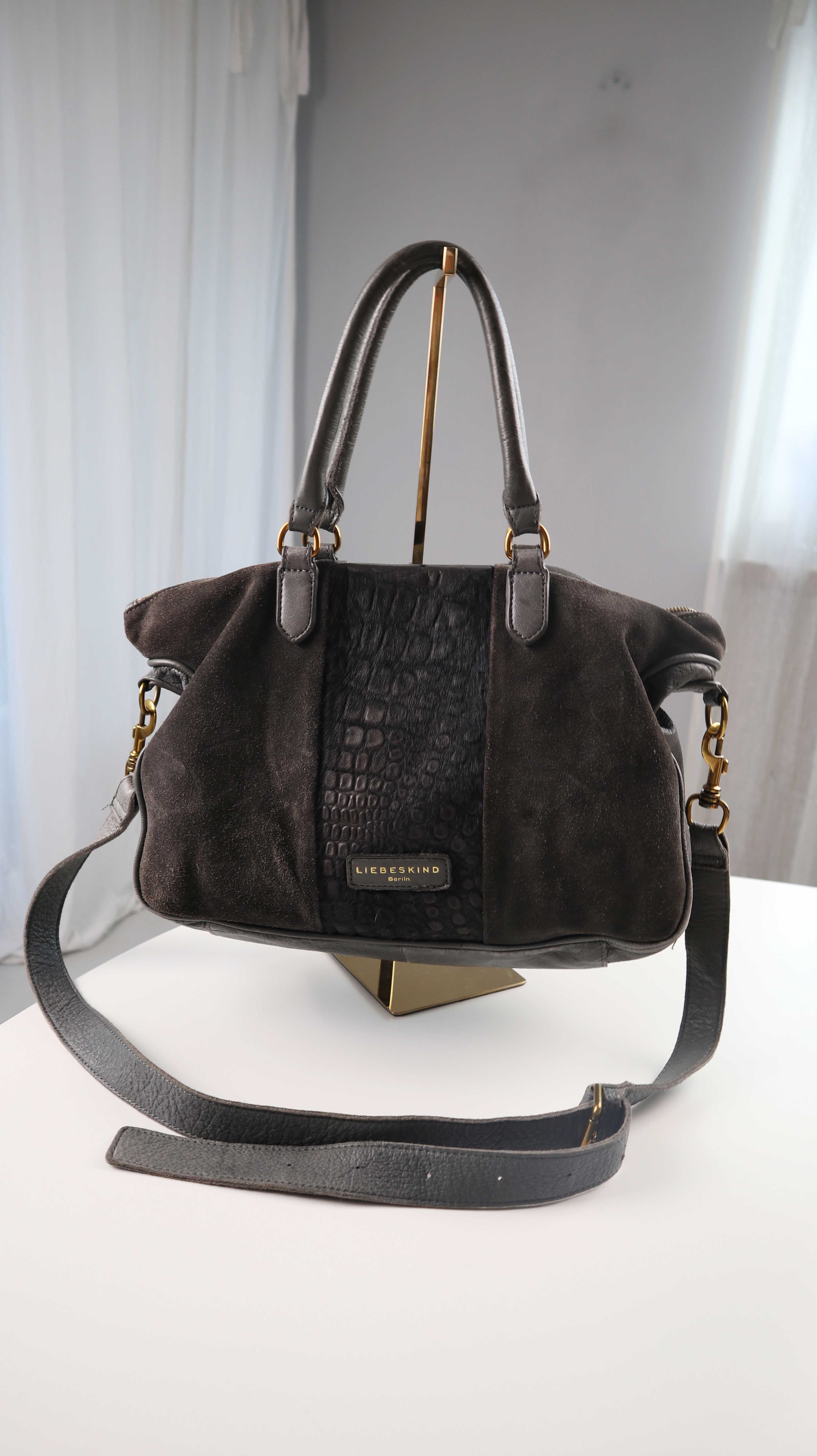 Liebeskind Tasche Handtasche Leder Grau Fell Umhängetasche Schultertasche