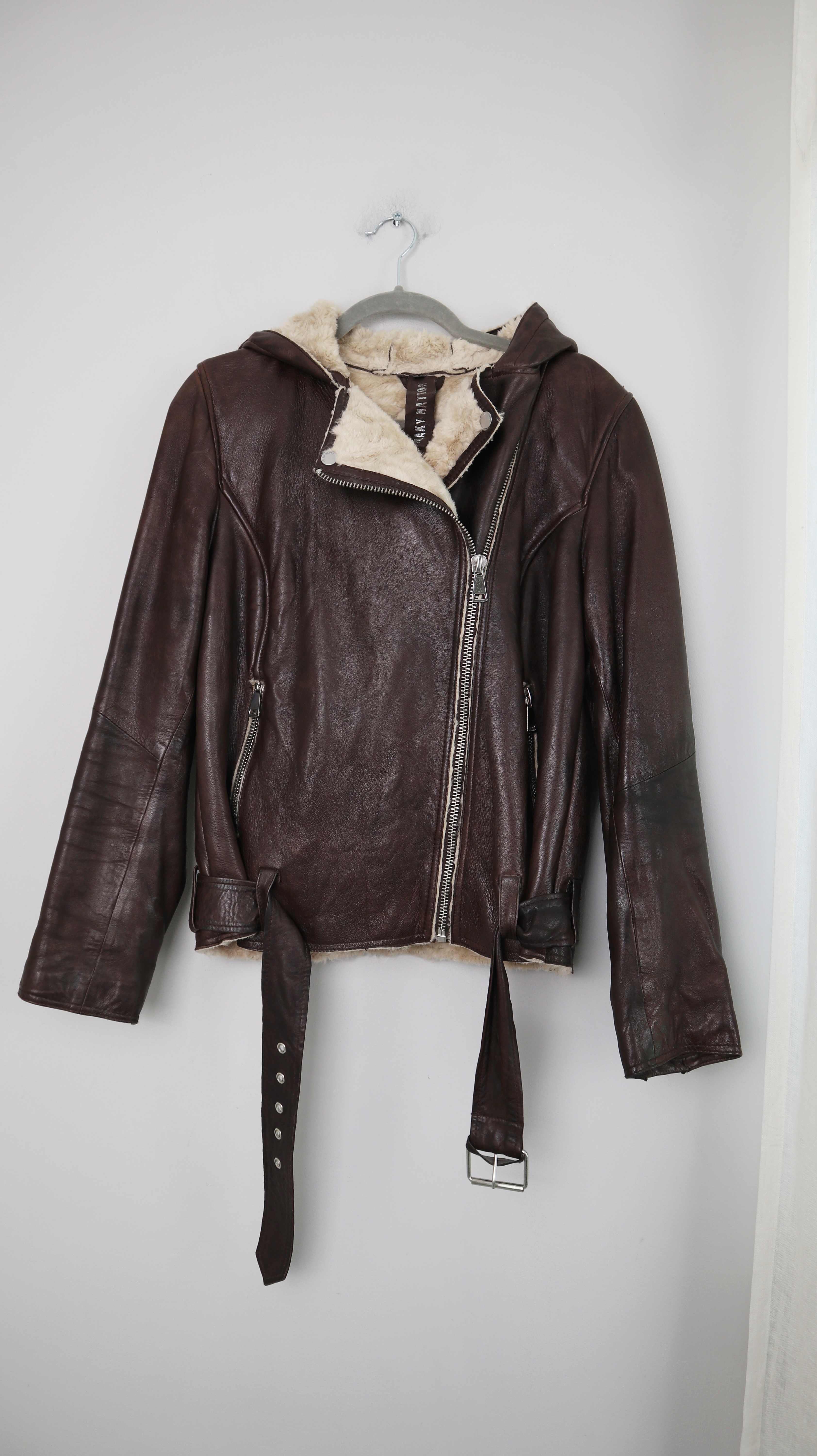 Freaky Nation Jacke Lederjacke braun Felljacke XL Bikerjacke 38 M