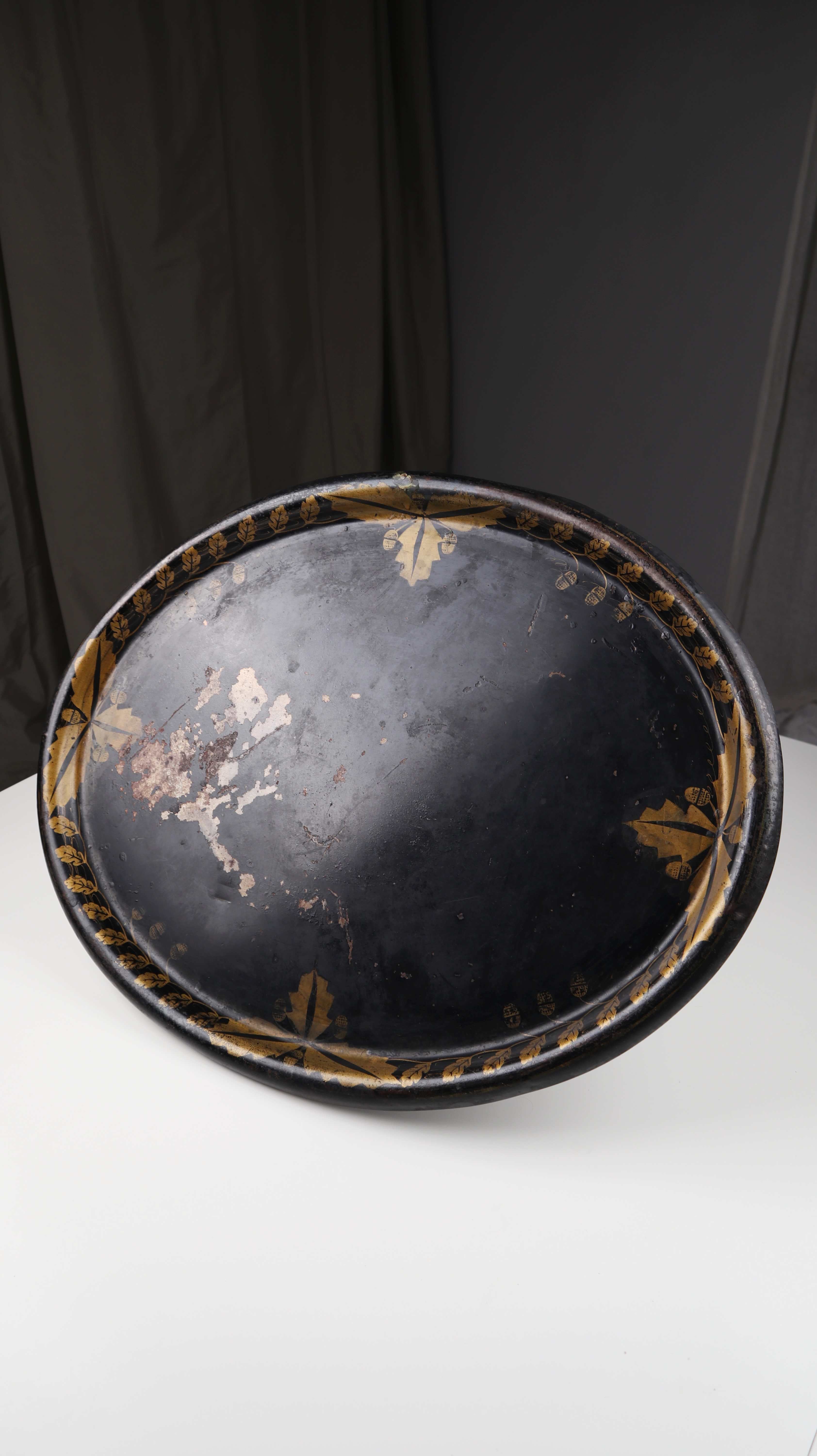 Vintage Tablett schwarz Gold Oval groß Eicheln Viktorianisch Intarsien