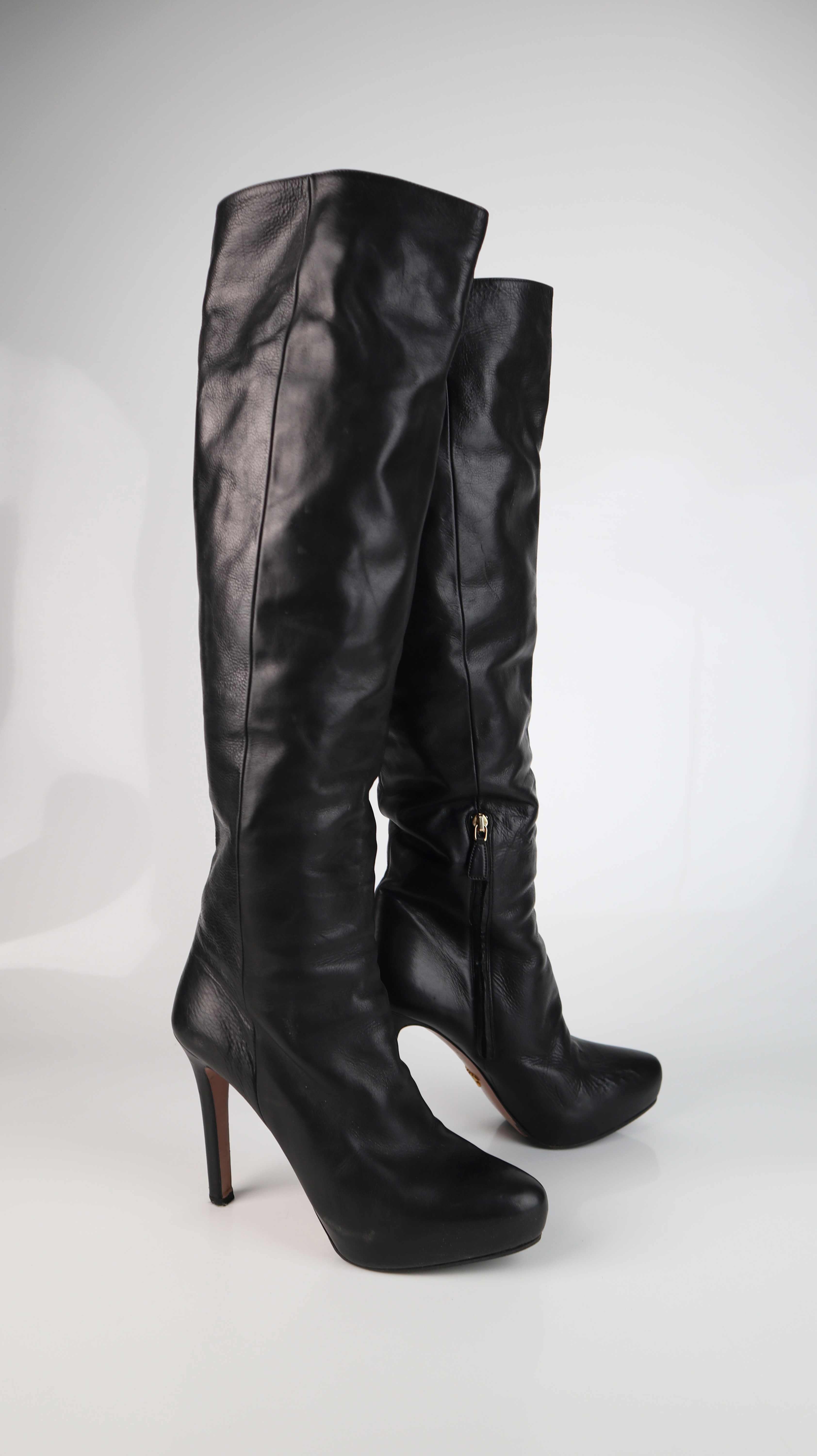 Prada Stiefel Lederstiefel 40 schwarz Absatzstiefel Overknee