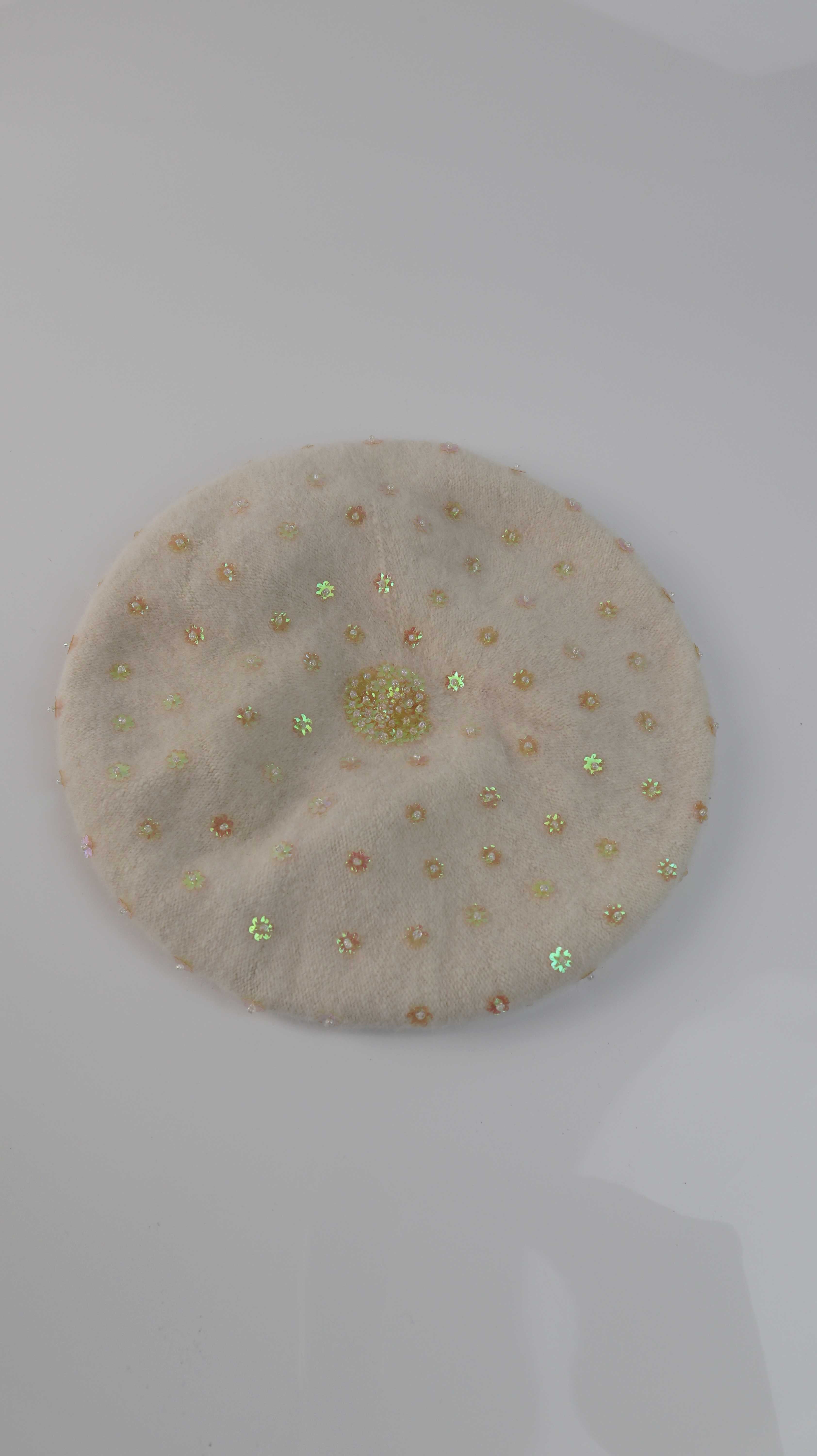 Barett französisch Creme Beige Wollmütze Pailetten Kappe