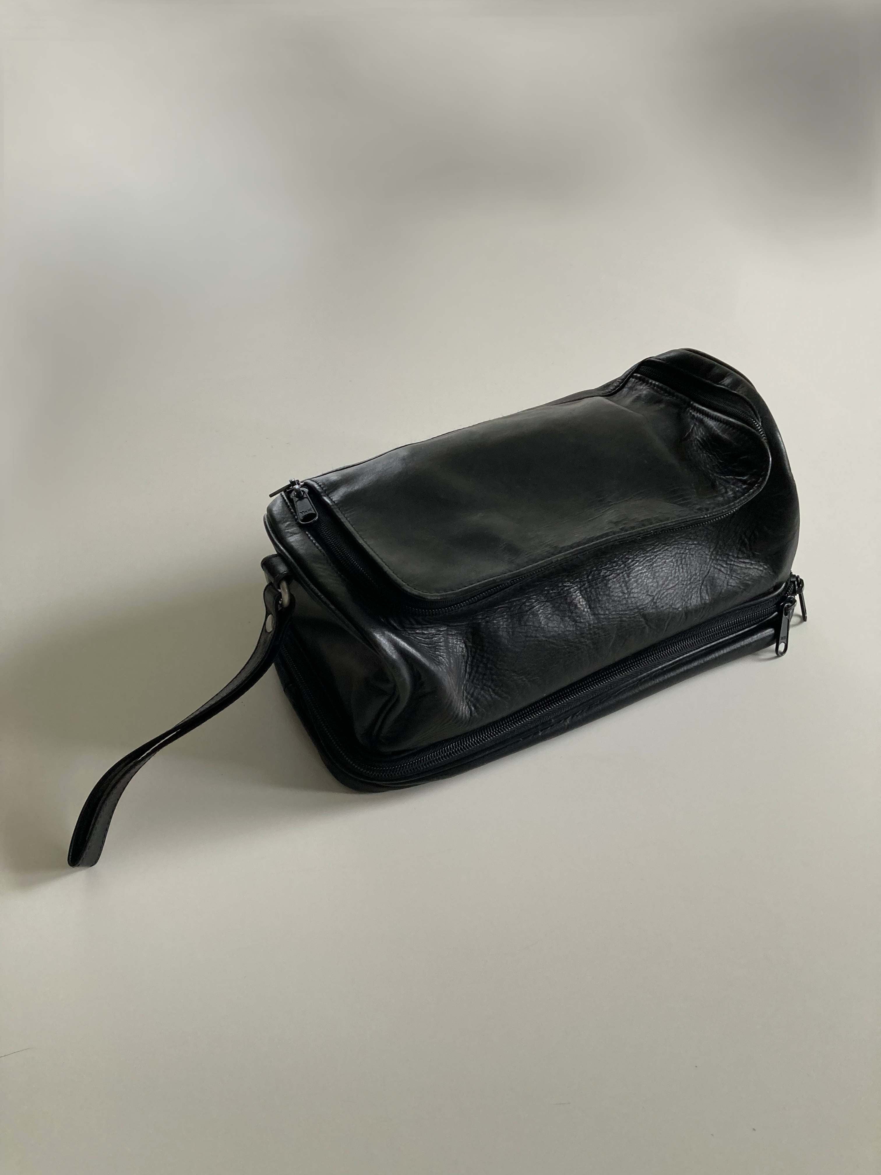 Schwarze Waschtasche Vintage Leder Necessaire Kosmetiktasche Etui Ledertasche schwarz