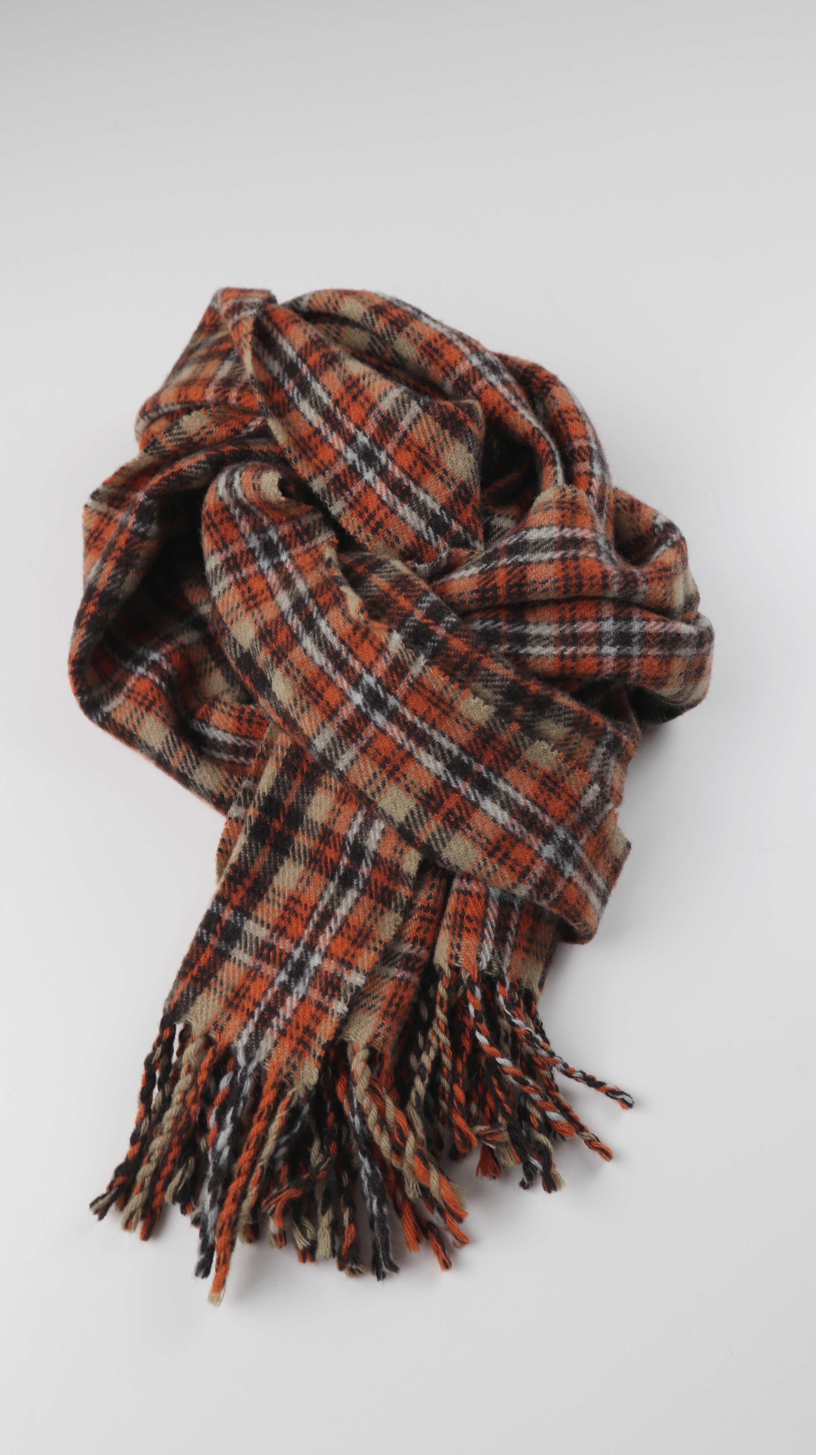 Esprit Schal kariert Tuch Wolle Wollschal Orange Gelb Fransen