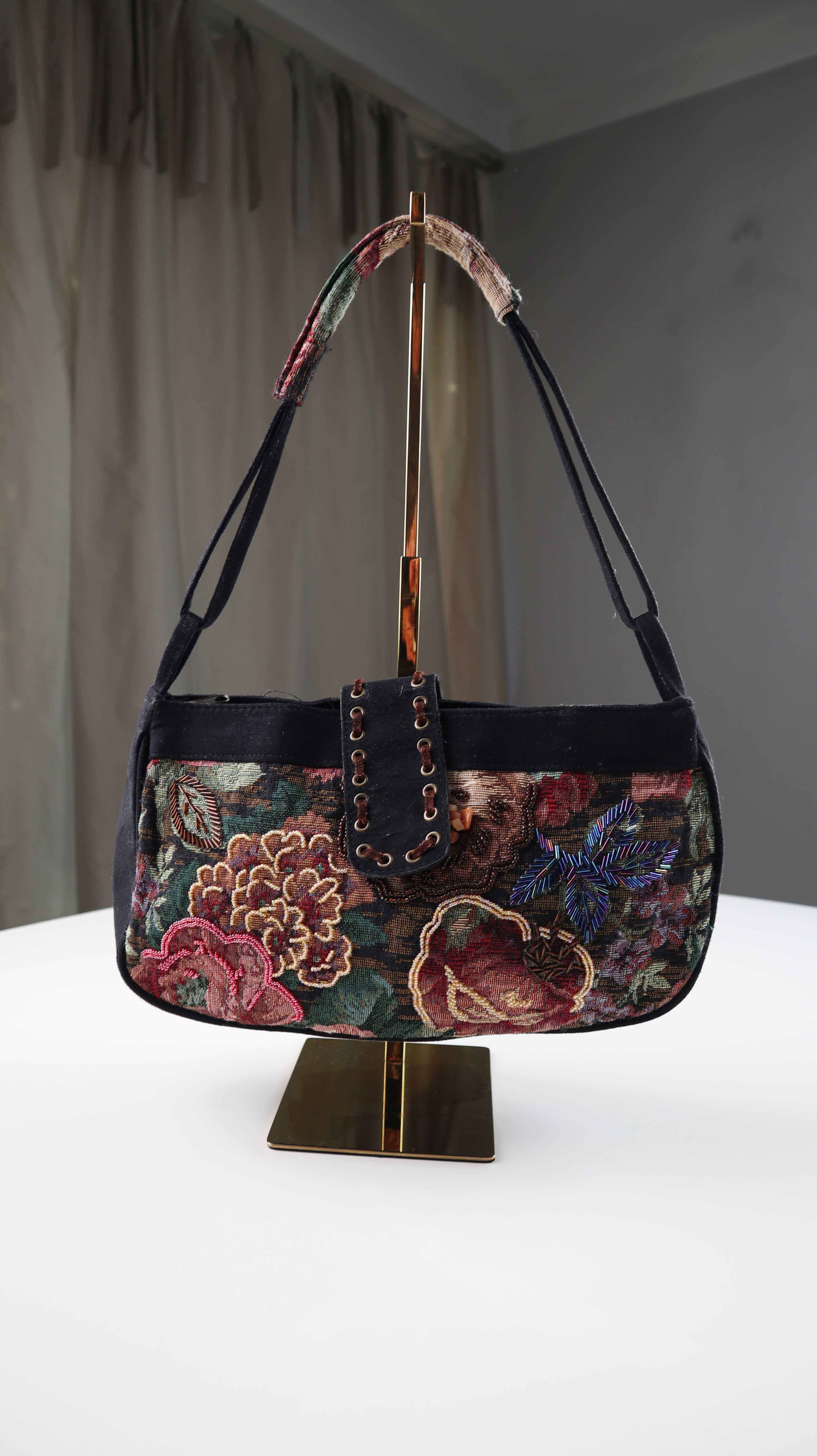 Tasche Damenhandtasche Baguette bag bestickt schwarz Perlen bunt Vintage