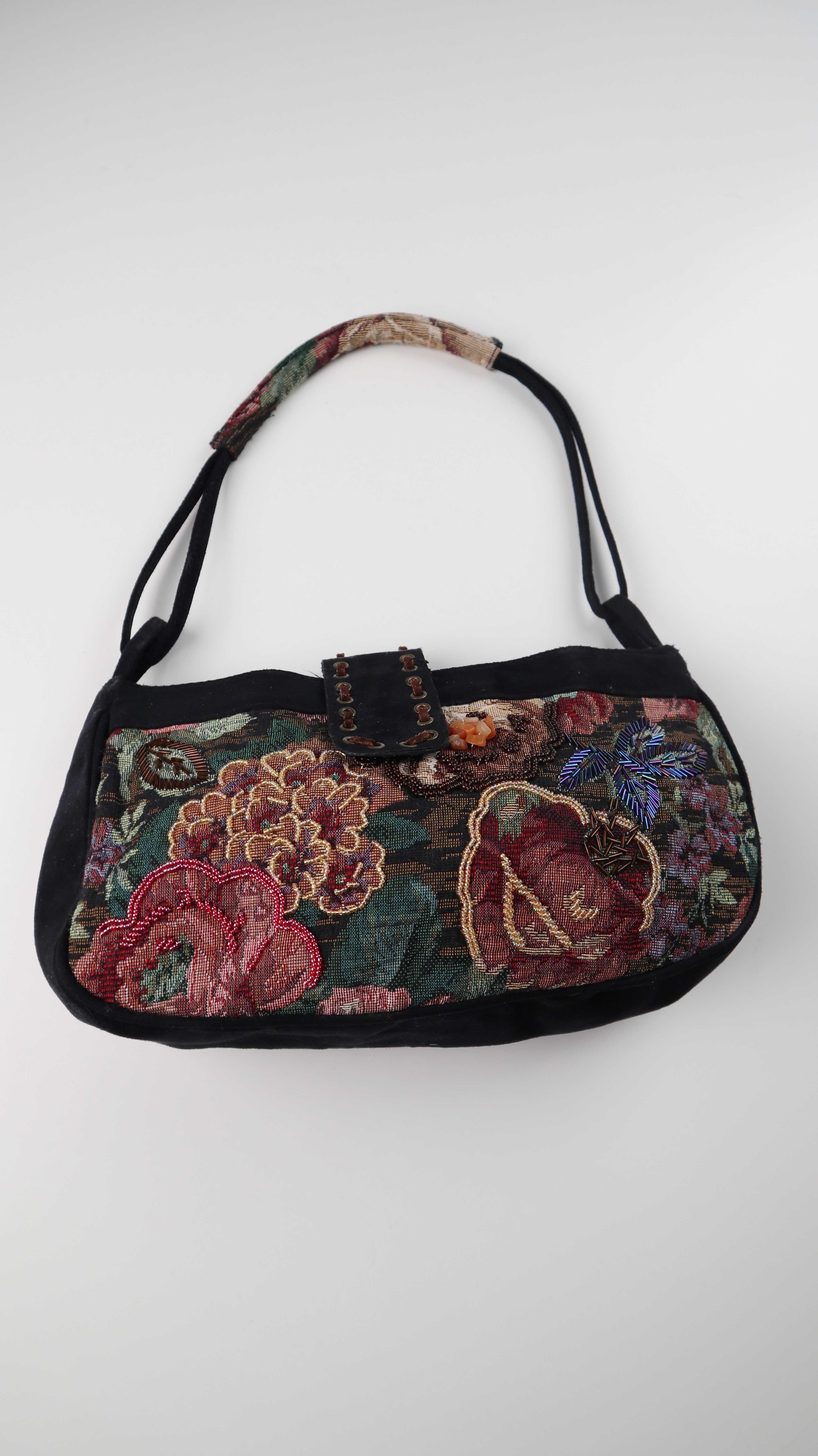 Tasche Damenhandtasche Baguette bag bestickt schwarz Perlen bunt Vintage