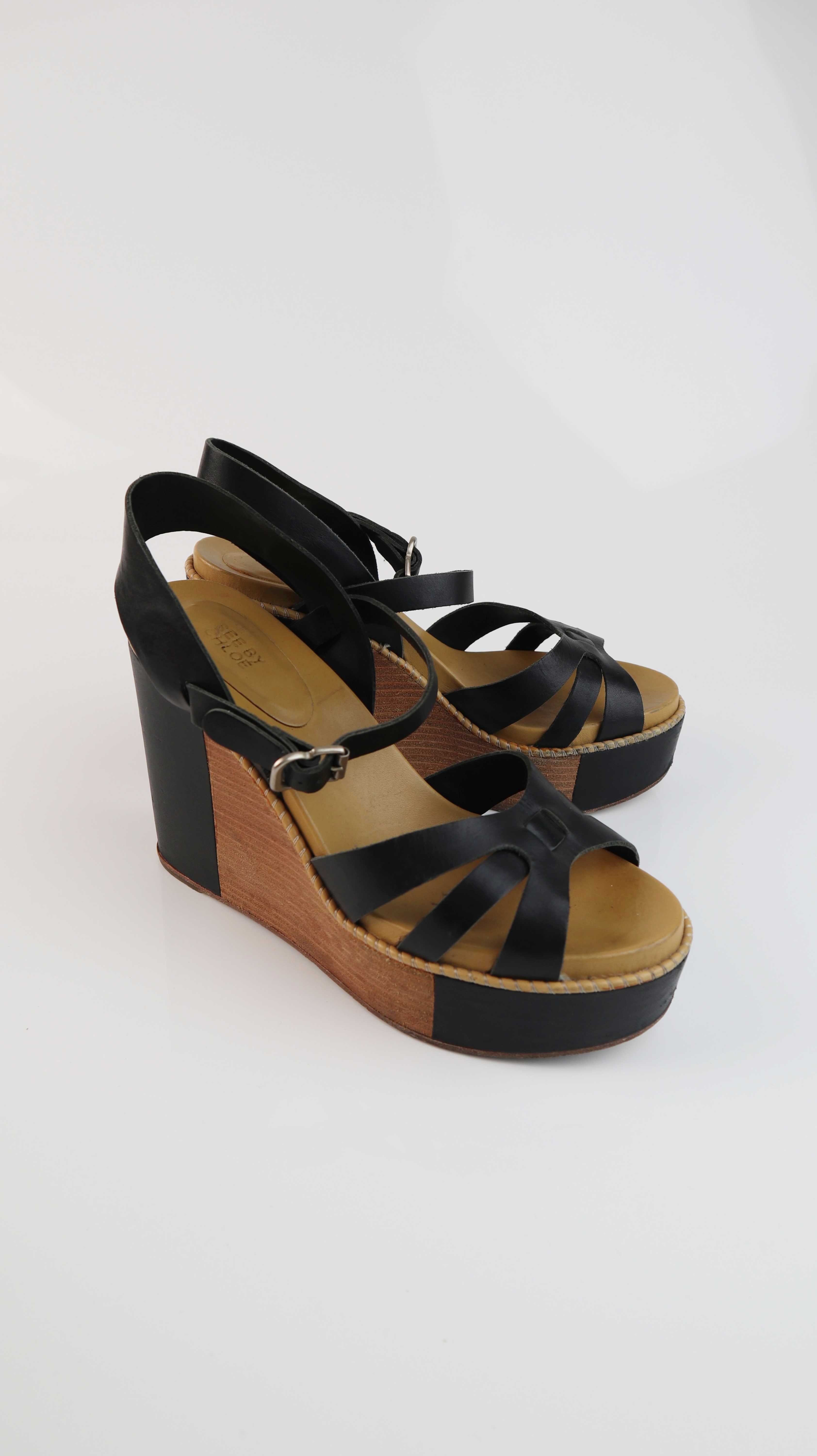 See by Chloe Wedges Sandalen 38 Ledersandalen schwarz Keilabsatz