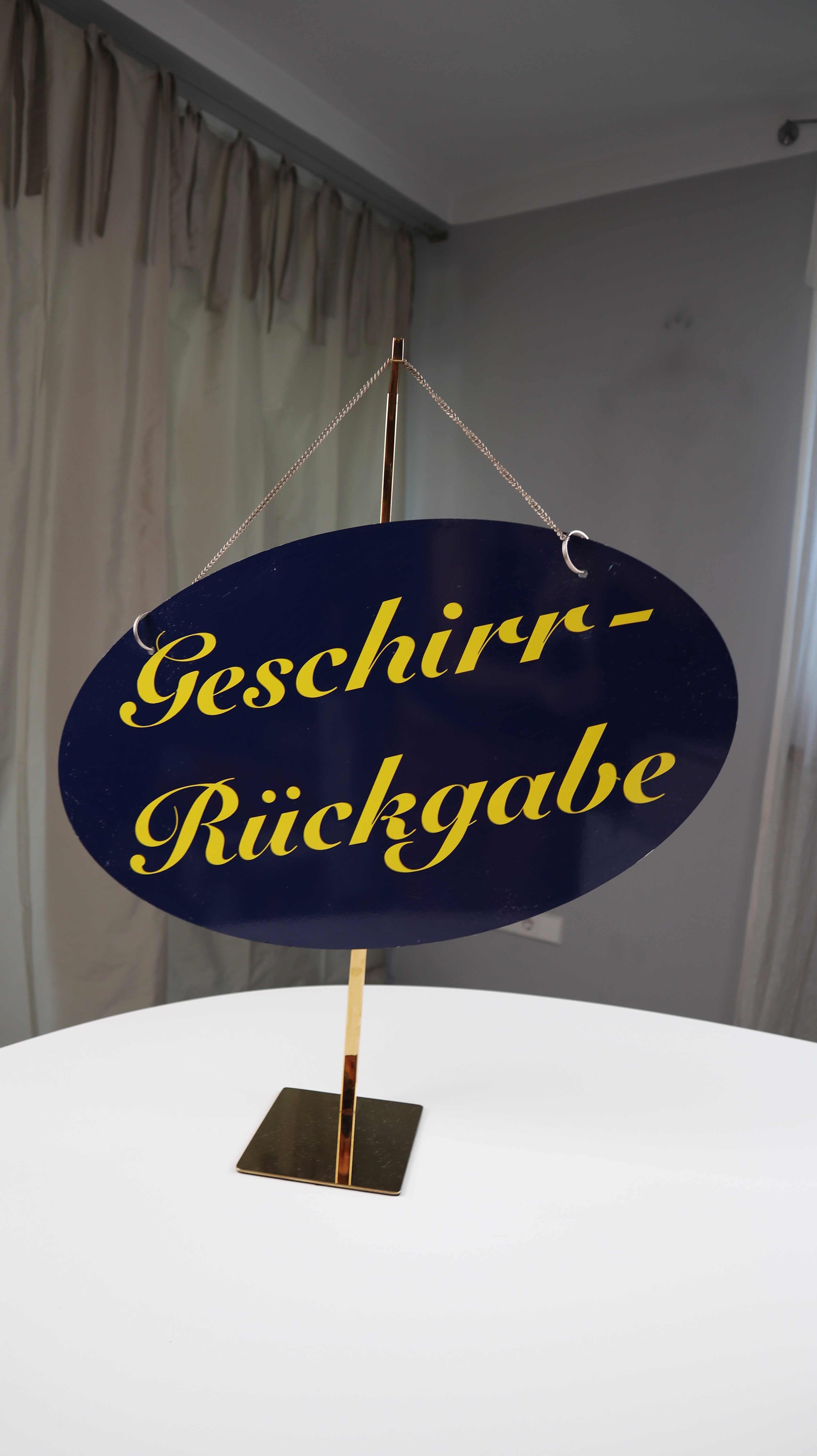 Schild Metallschild Blechschild Geschirrrückgabe Blau gelb Cafertia