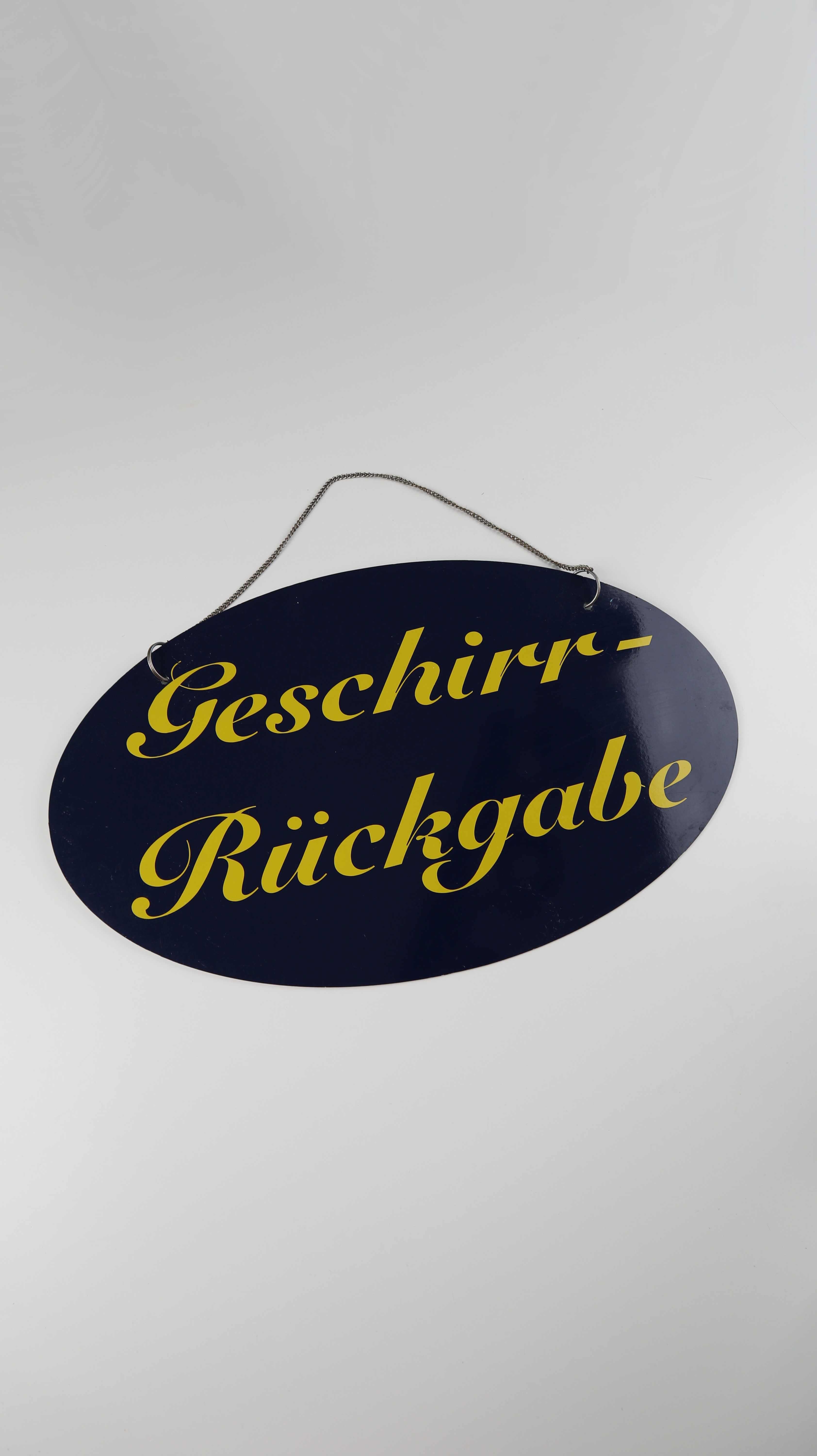 Schild Metallschild Blechschild Geschirrrückgabe Blau gelb Cafertia