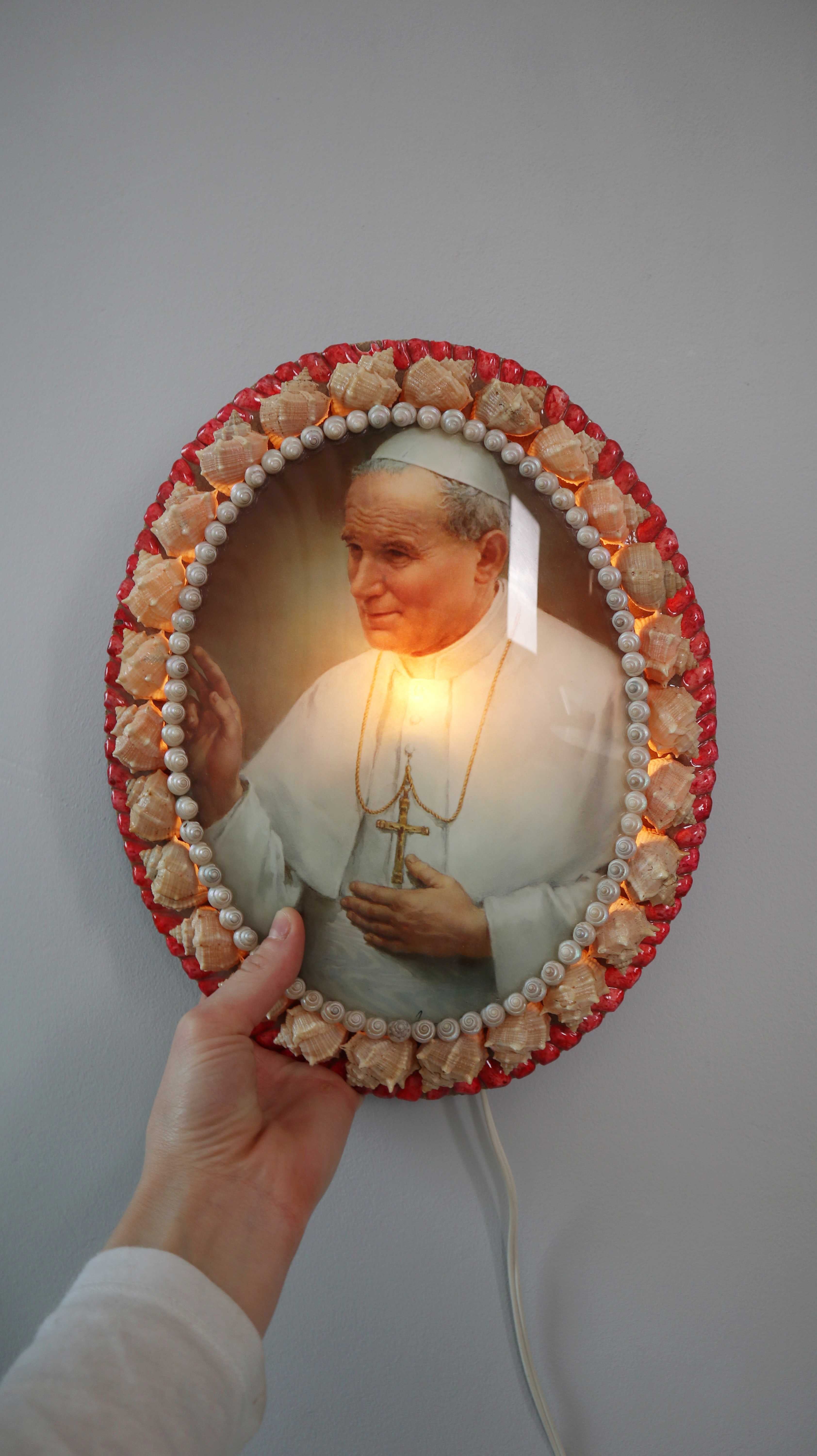 Lampe Wandlampe Papst Frankreich Muschelbild Oval beleuchtet Vintage