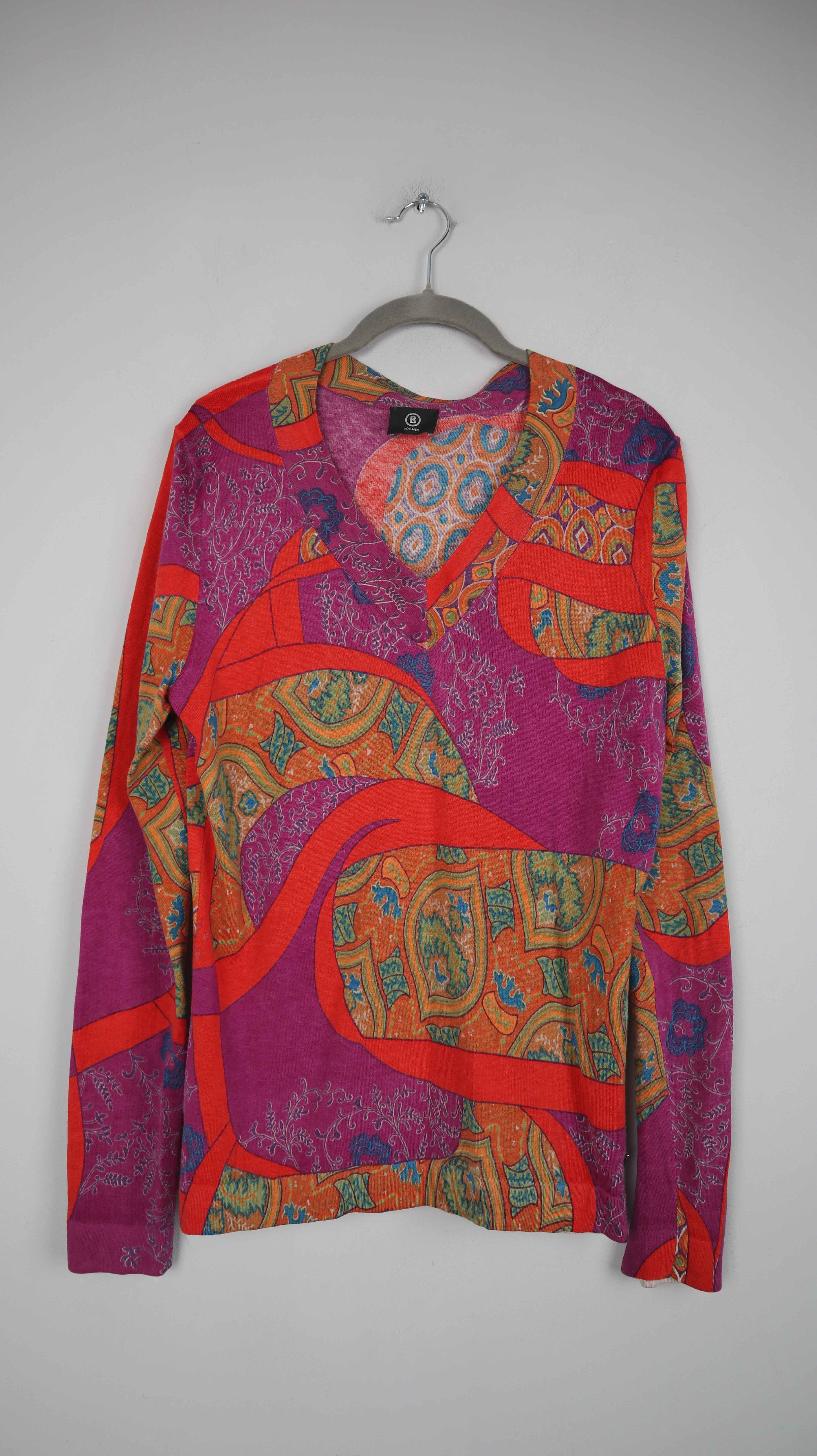 Bogner Pullover rot Paisley 40 L Seide Wolle Kaschmir V-Ausschnitt