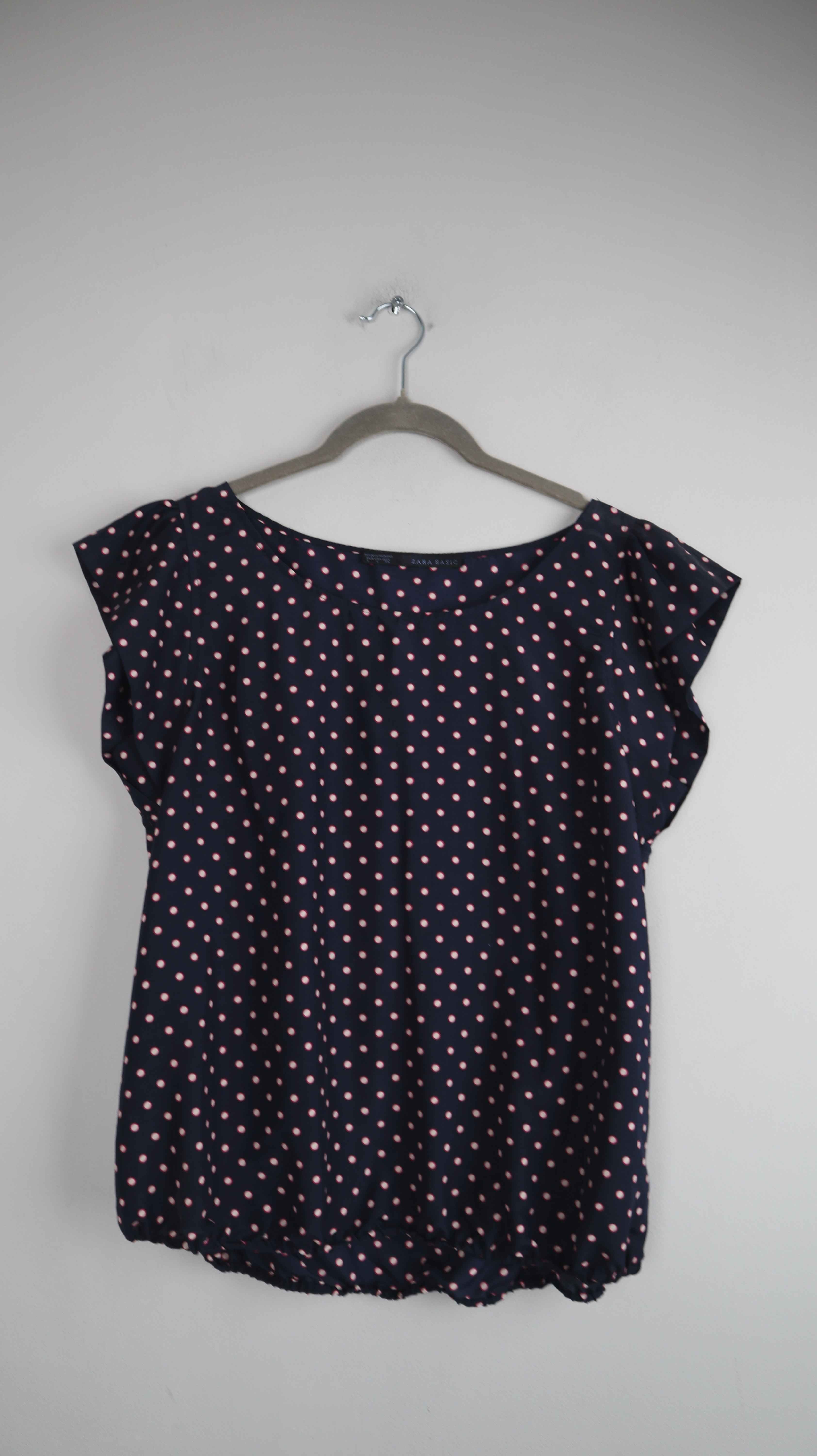 Zara Top Shirt Blau weiß gepunktet 40 L T-Shirt Bluse Oberteil