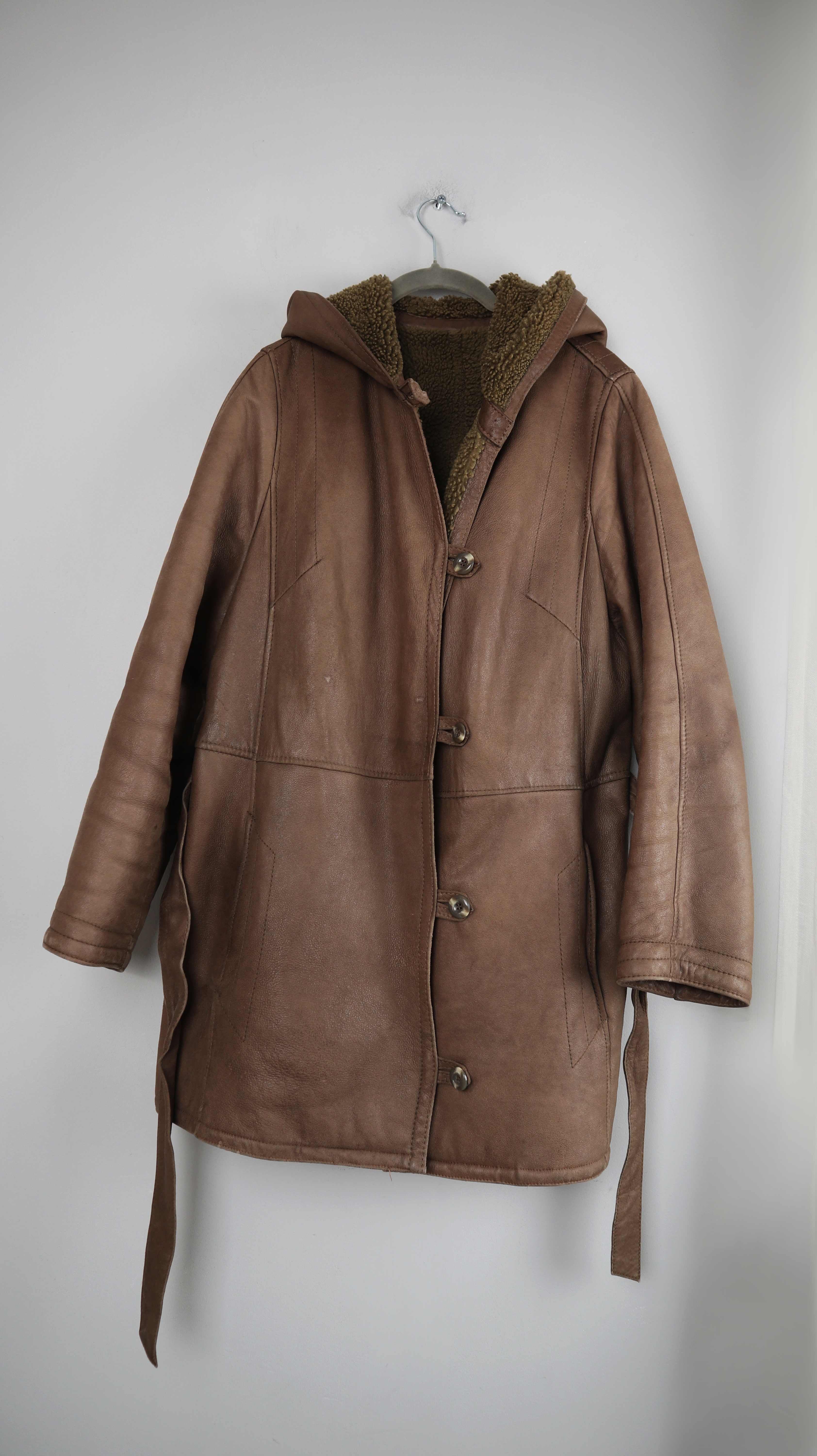 True Vintage Lammfelljacke 38 M Mantel Braun Grün gefüttert Kapuze Trenchcoat